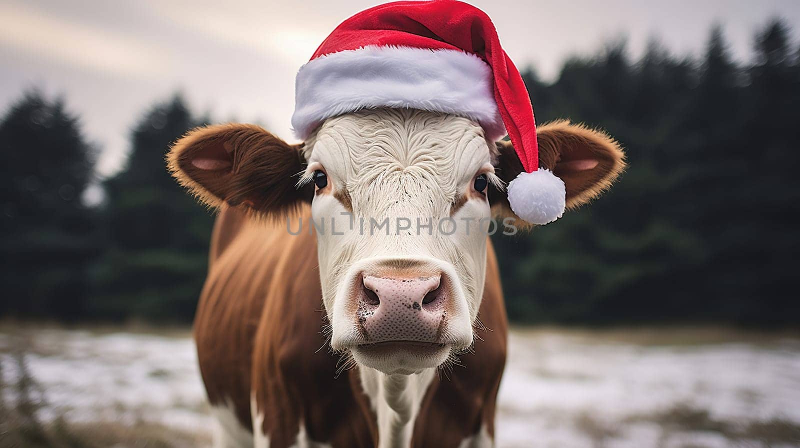 bull in Santa Claus hat against the backdrop of the forest at Pasture in winter, portrait of a domestic animal, concept of the Year of the Ox according to the eastern calendar, high quality photo