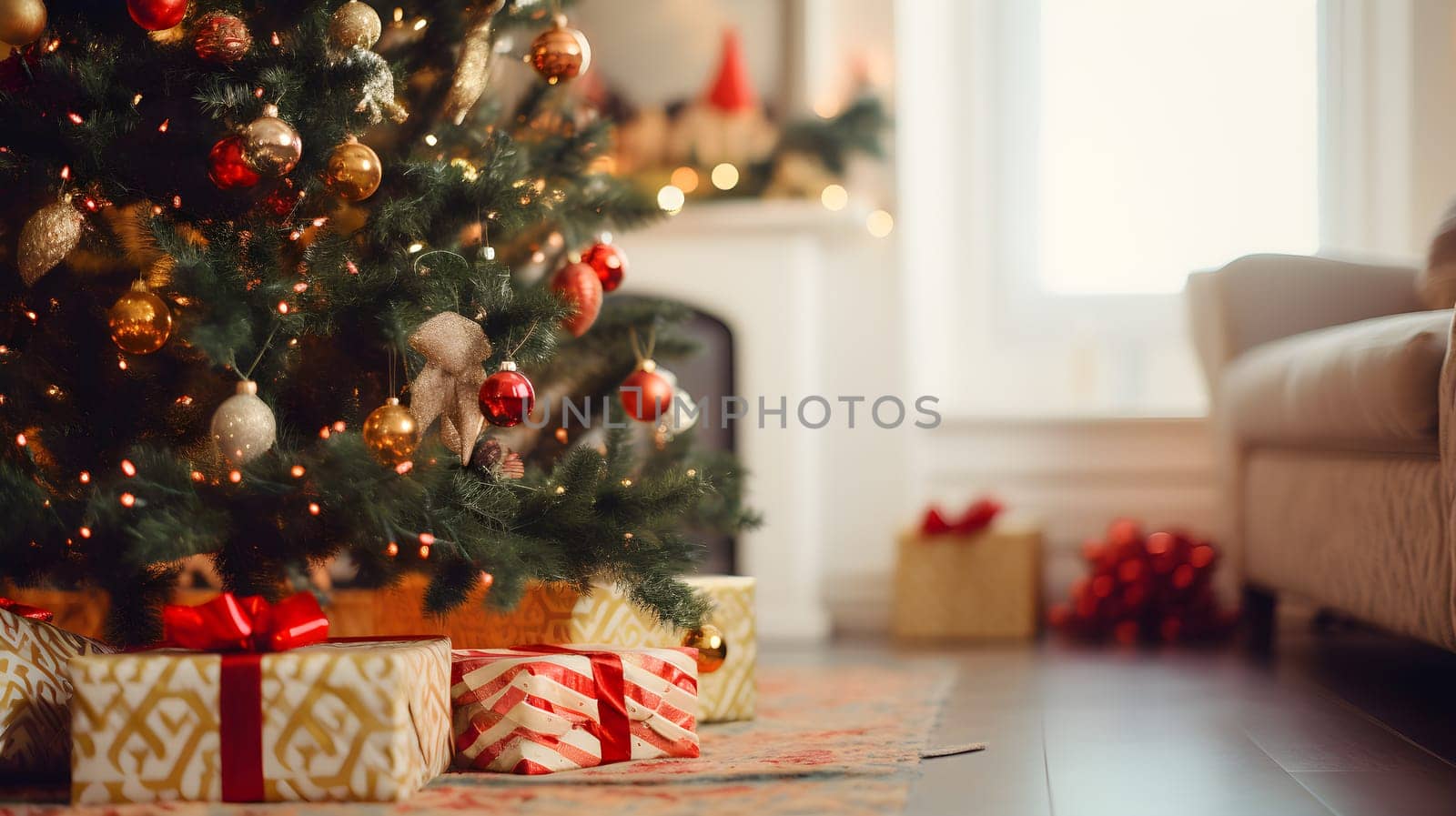 A sparkling tree stands tall, adorned with twinkling lights and shimmering ornaments, creating a warm and festive atmosphere indoors as presents await to be unwrapped on christmas morning - generative AI