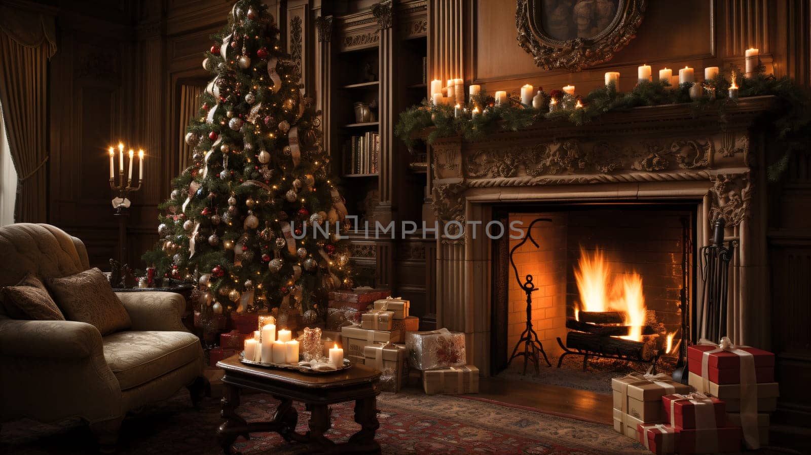 A sparkling tree stands tall, adorned with twinkling lights and shimmering ornaments, creating a warm and festive atmosphere indoors as presents await to be unwrapped on christmas morning - generative AI