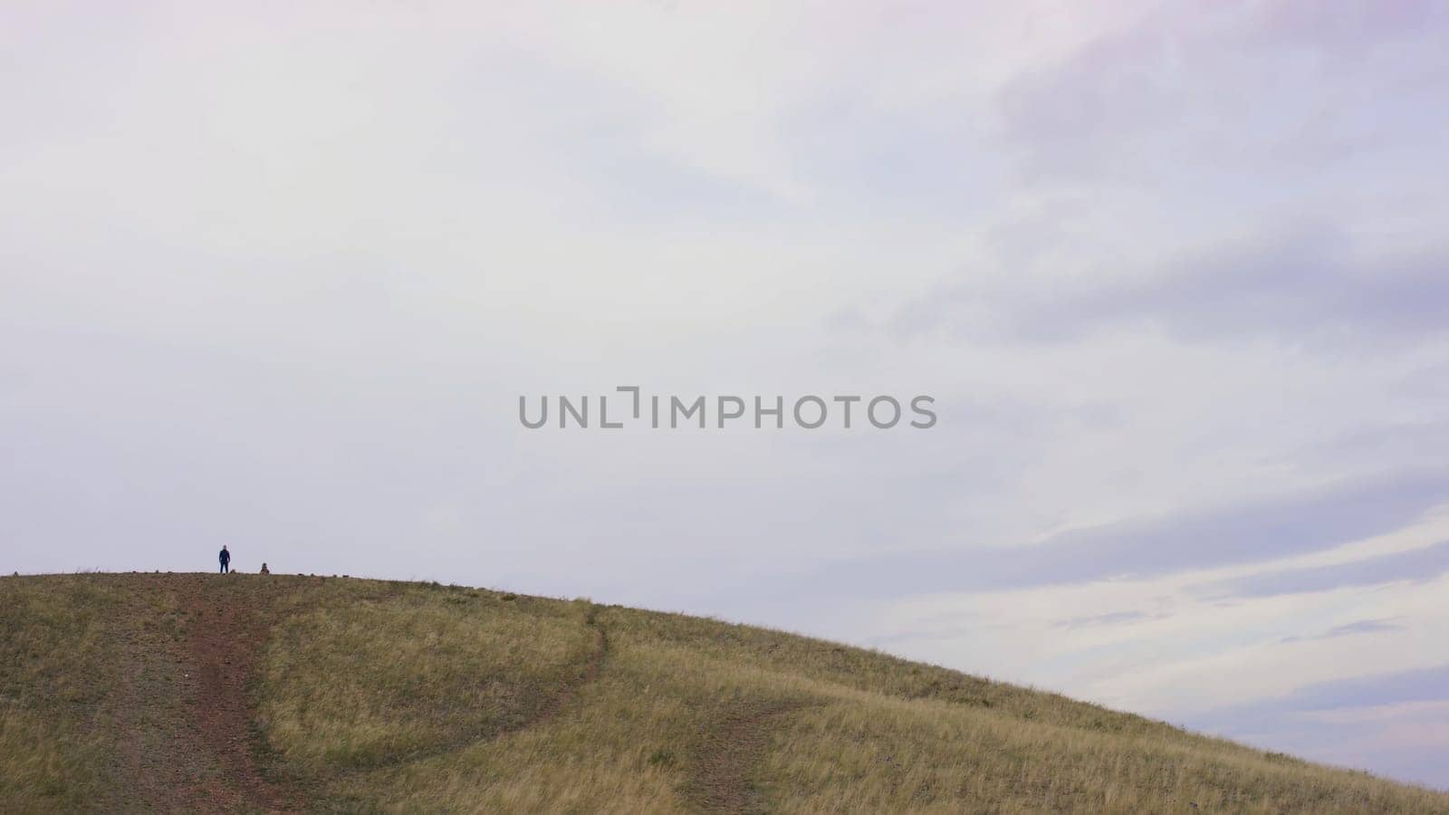 Rear view of man standing on the hill. Back view of man looking at beautiful landscape with agricultural fields and mountains. Rear view of man standing outdoors in front of rainforest and contemplating beauties of exotic wild nature on sunny day.