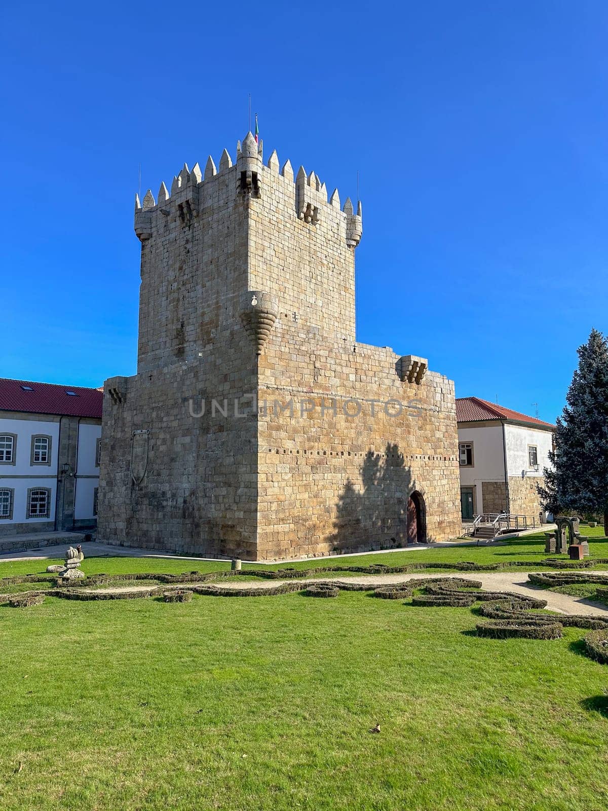 Castle in the old town of Portuguese town Chaves. Sunny day with clear sky.