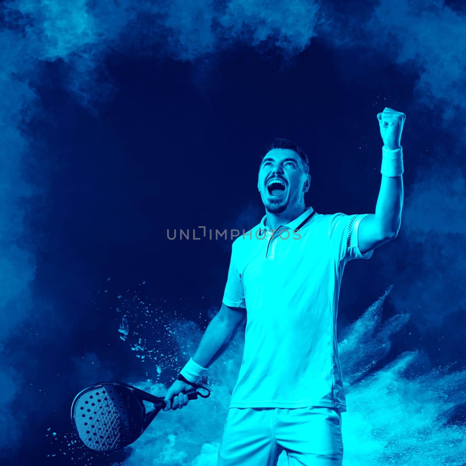 Padel tennis player in social media template. Man athlete with paddle tenis racket on blue background. Social media ads mockup. Thumb up. by MikeOrlov