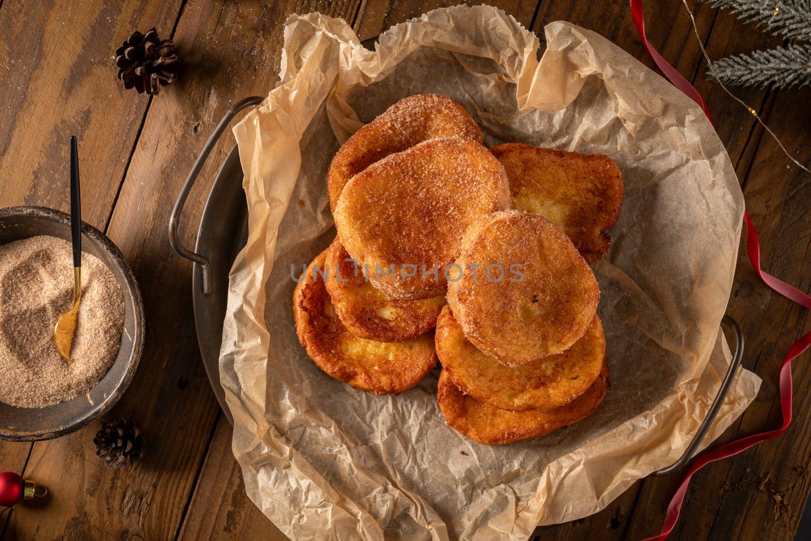 Traditional Portuguese Christmas Rabanadas. Spanish Torrijas on kitchen countertop.