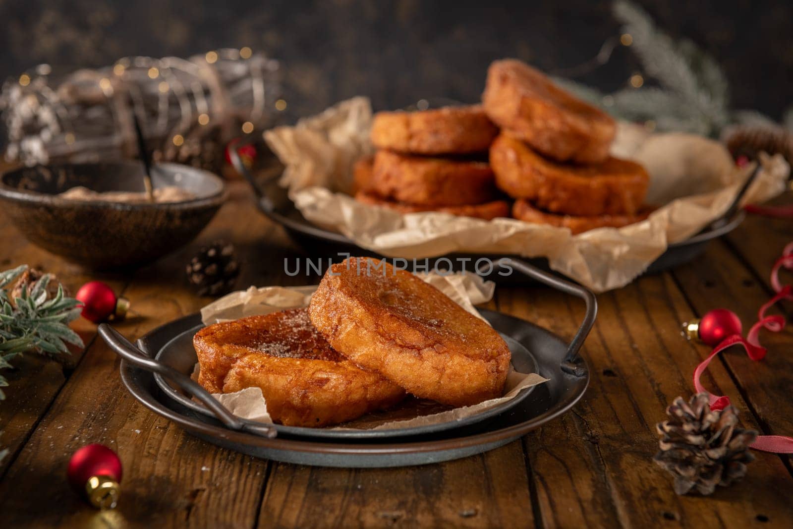 Traditional Portuguese Christmas Rabanadas. Spanish Torrijas on kitchen countertop.