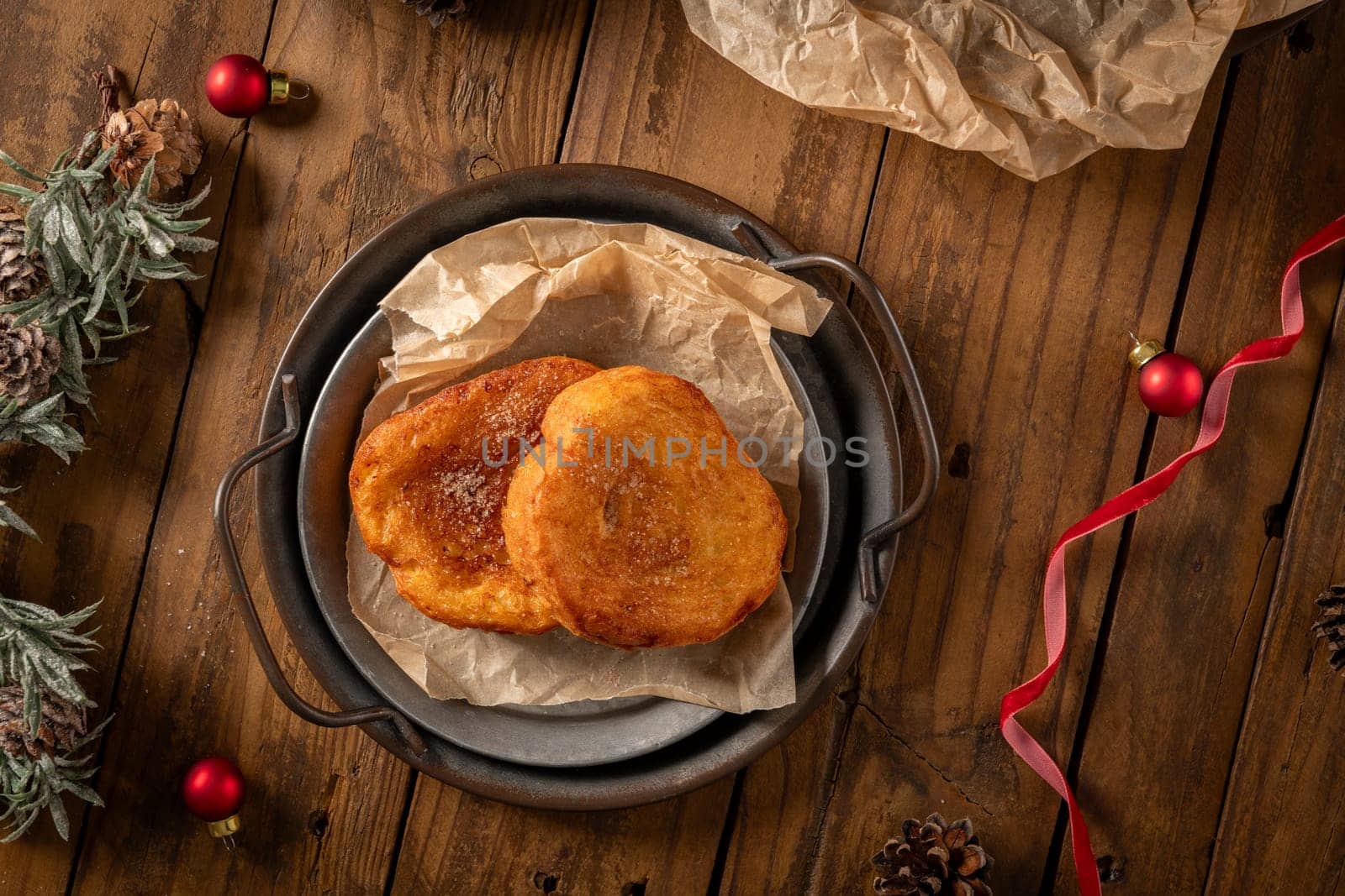 Traditional Portuguese Christmas Rabanadas. Spanish Torrijas on kitchen countertop.