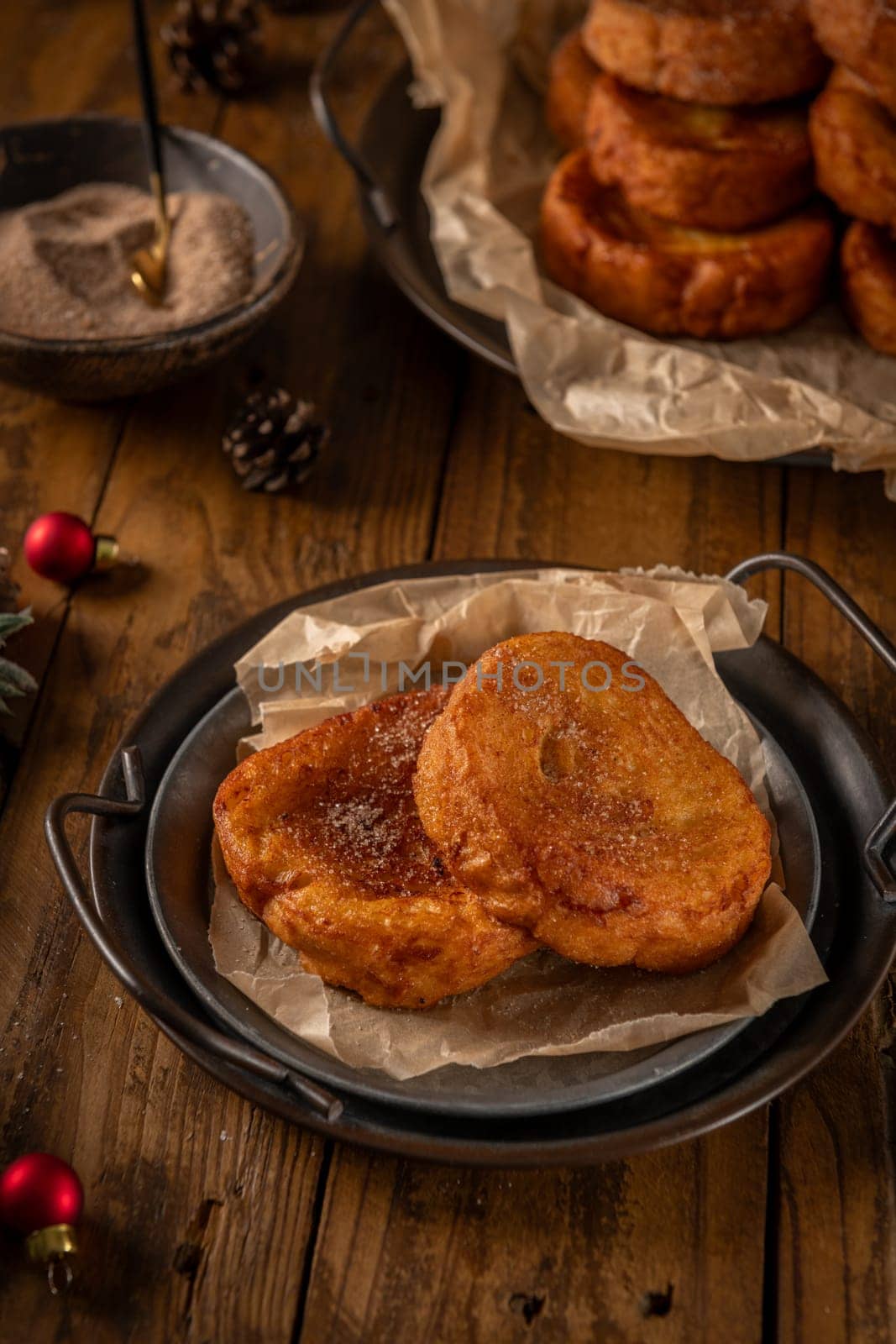 Traditional Portuguese Christmas Rabanadas. Spanish Torrijas on kitchen countertop.