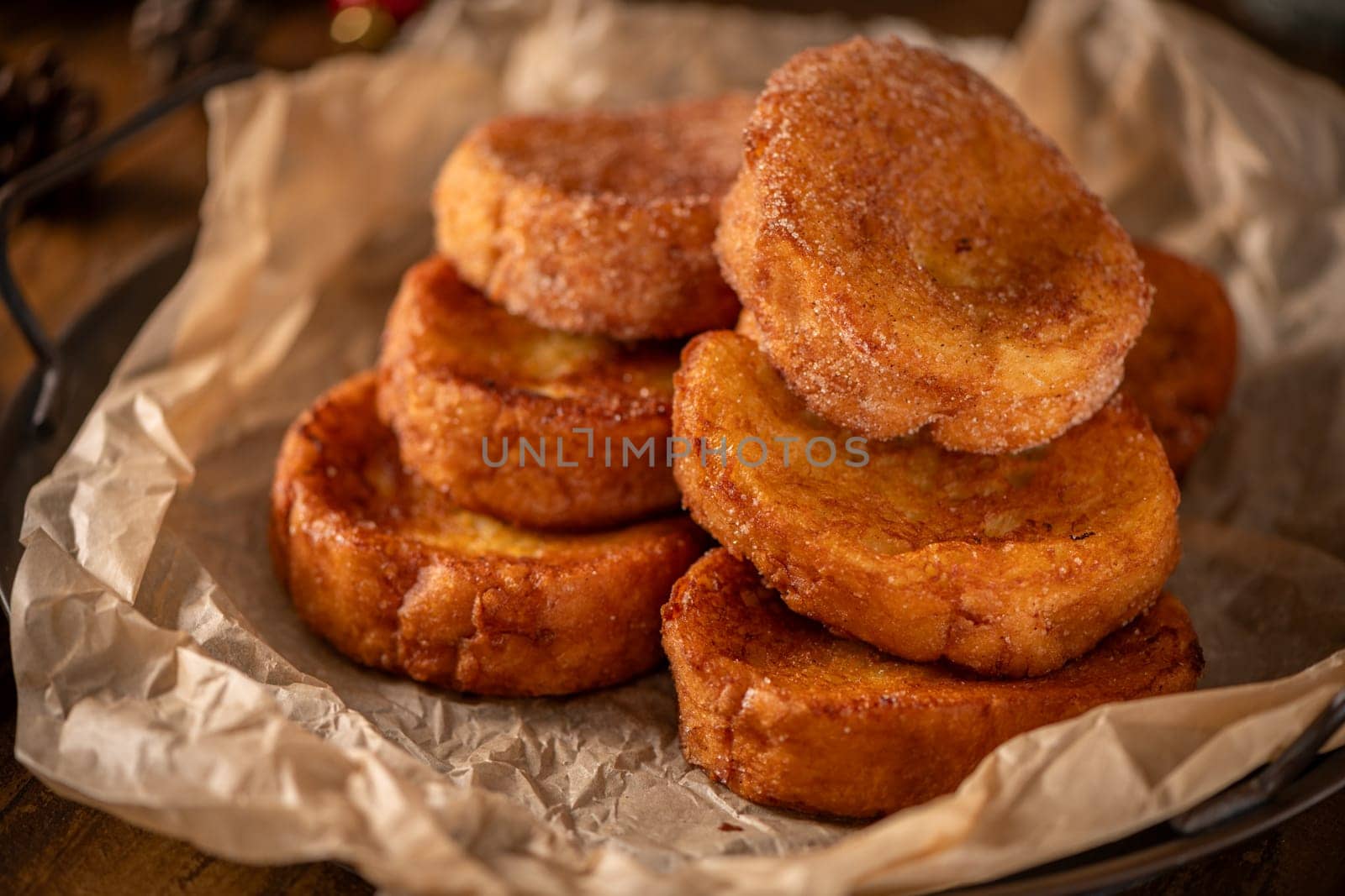 Traditional Portuguese Christmas Rabanadas. Spanish Torrijas on kitchen countertop.