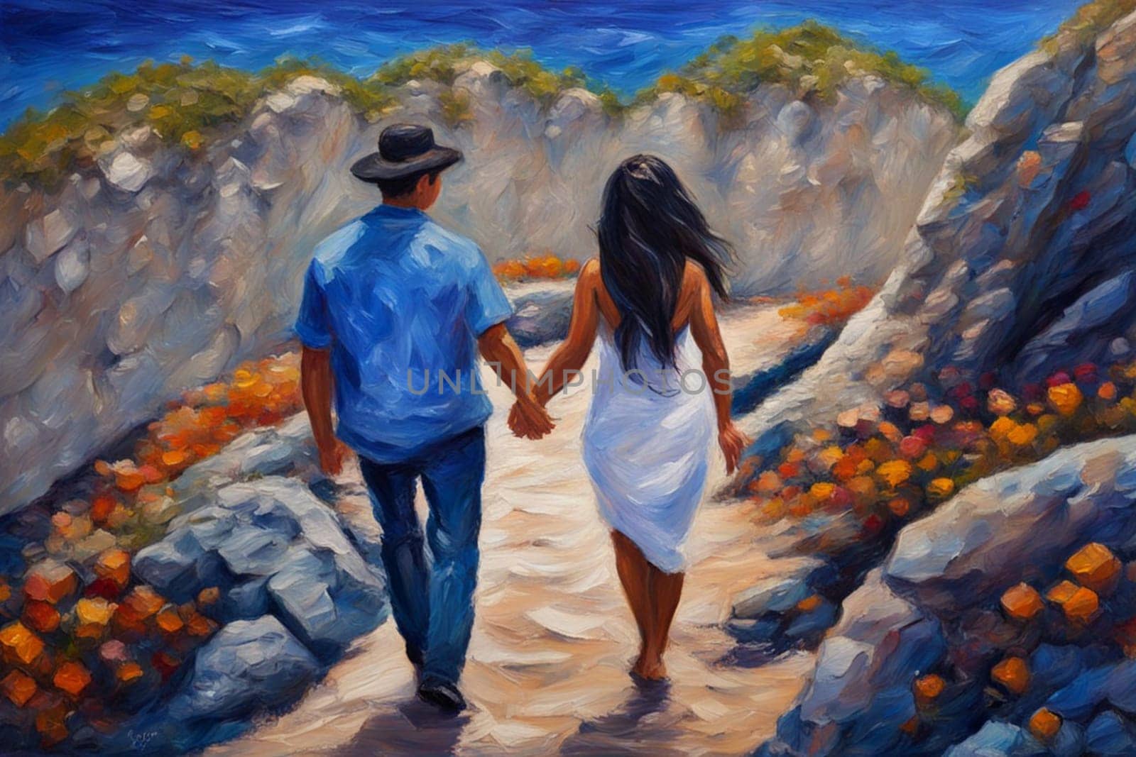 heterosexual couple walking by hand in the beach, romantic valentine painting illustrationgenerative ai art