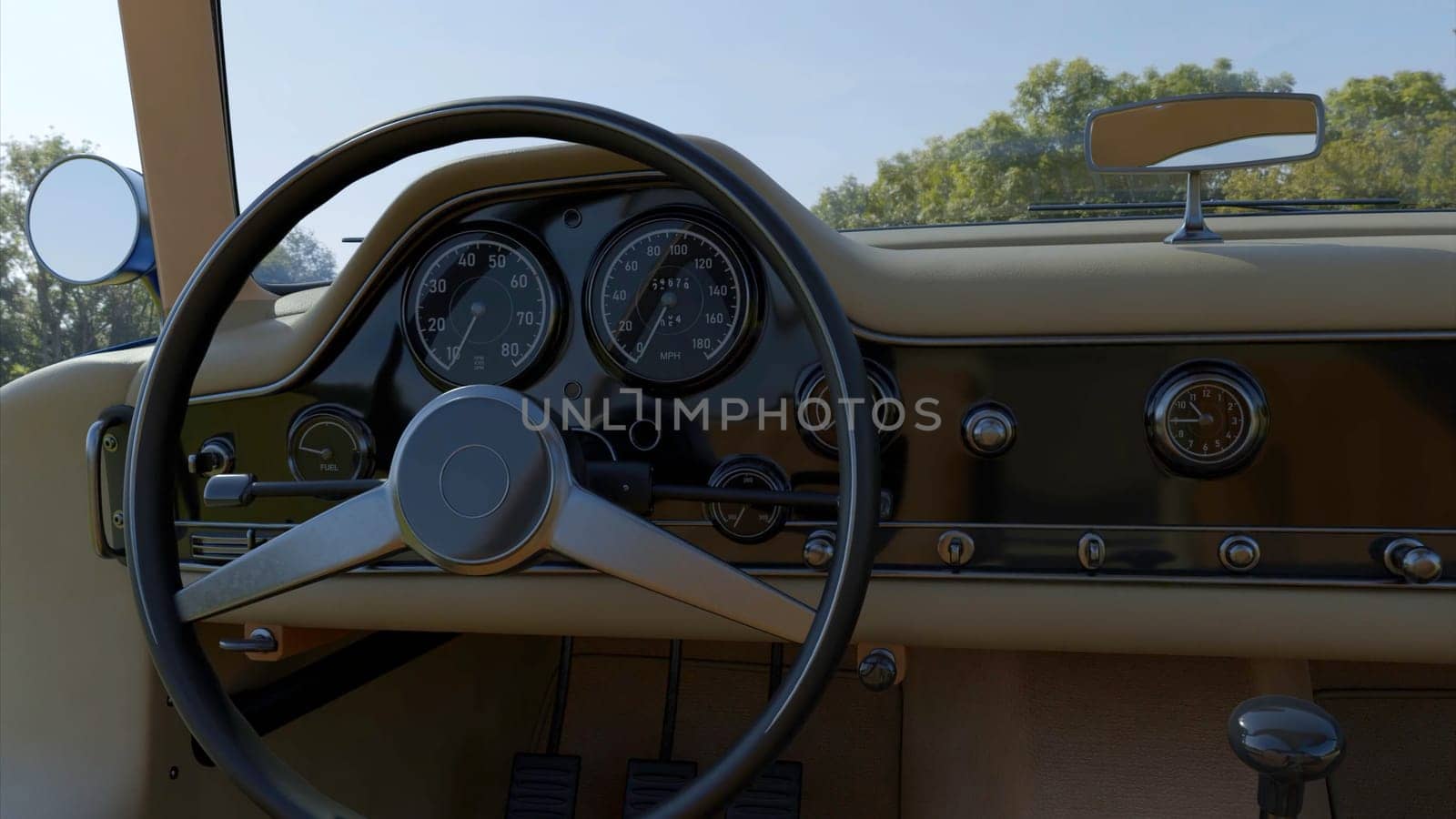Realistic Interior of a retro beautiful car: wheel, dashboard. Design. Abstract old fashioned passenger expensive vehicle