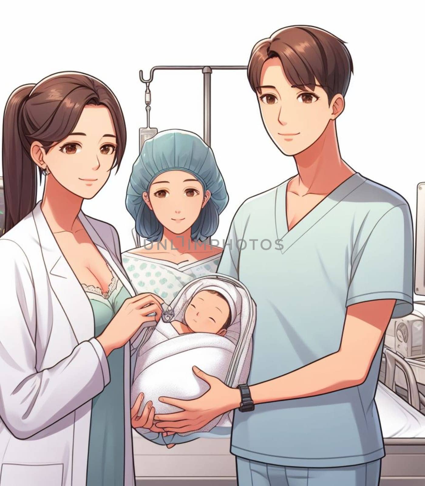 illustration depicting medical staff people at the hospital take care of newborn baby ai generated