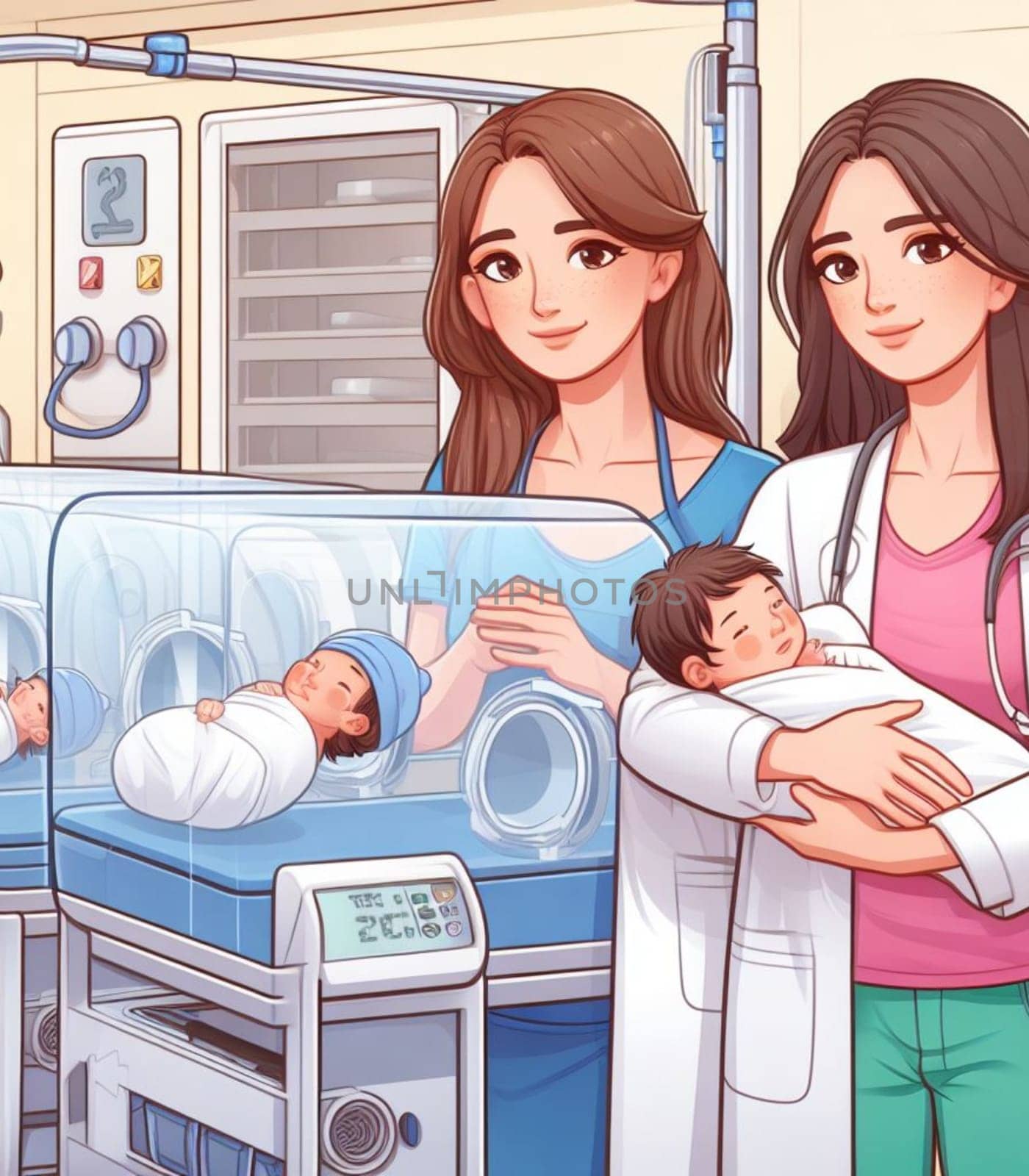 illustration depicting medical staff people at the hospital take care of newborn baby ai generated