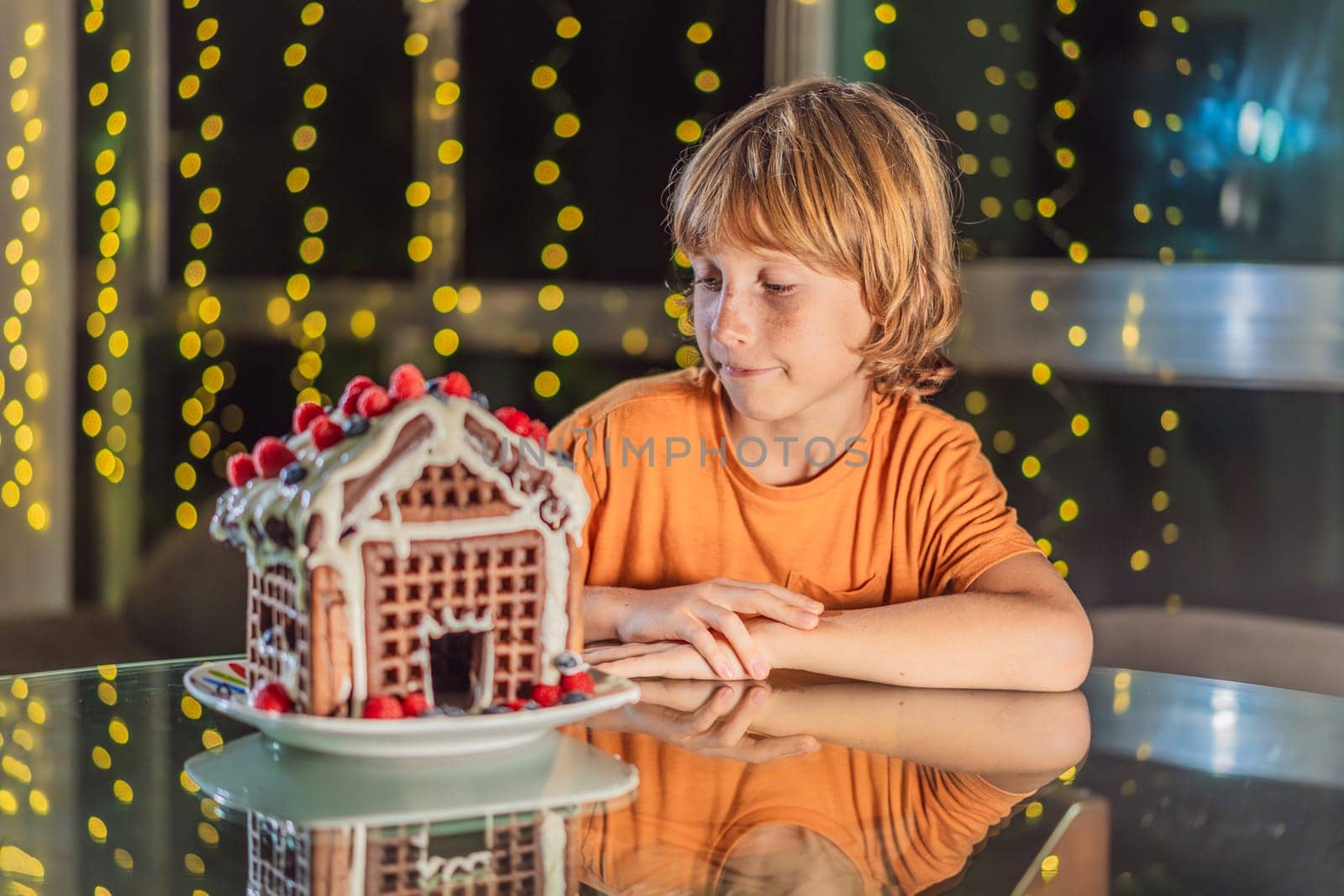 Immerse in festive delight as a boy crafts boy crafting an unconventional gingerbread house, infusing Christmas with unique creativity and festive cheer. A sweet scene of seasonal bonding and culinary fun by galitskaya