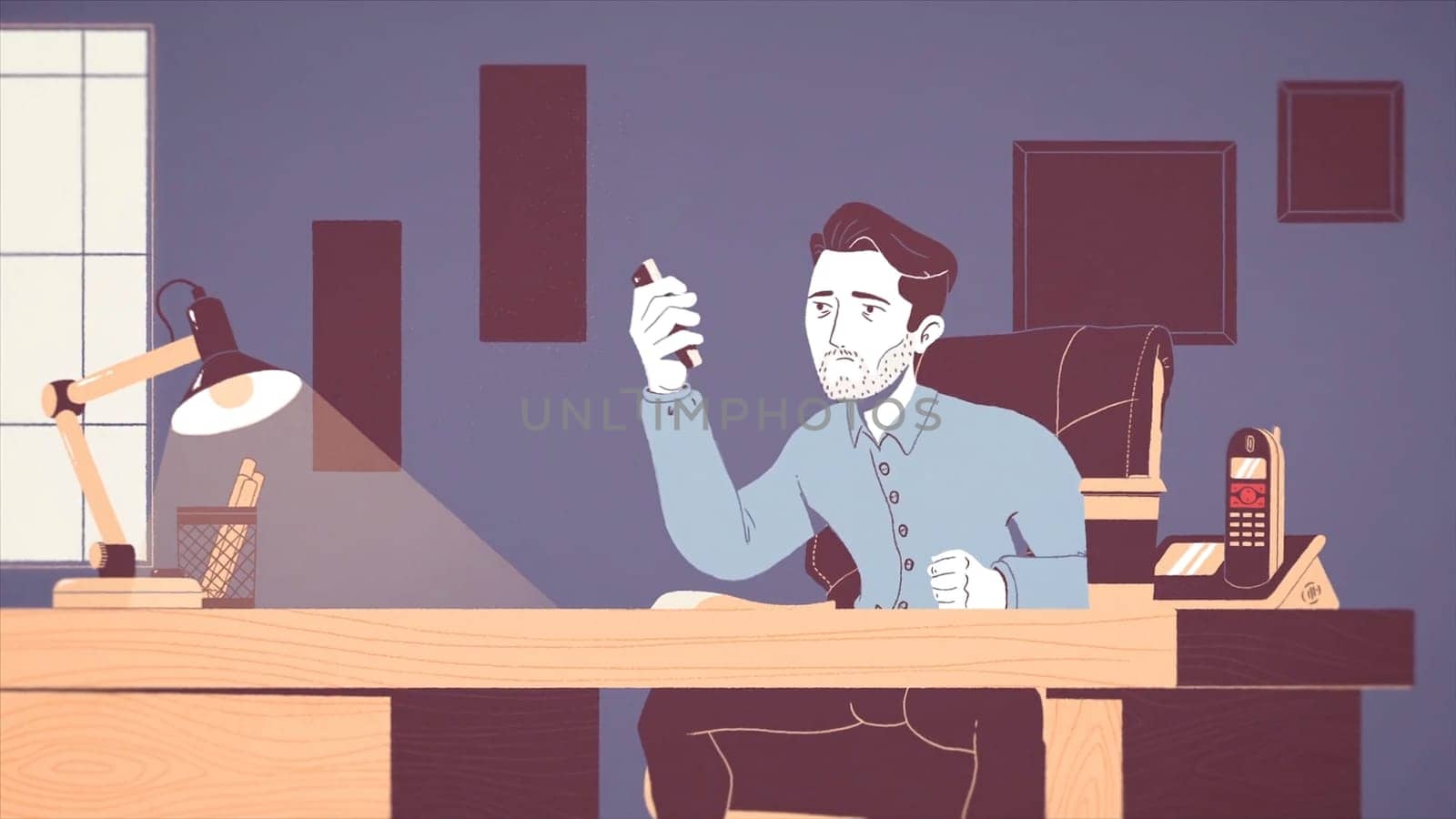 Animation of a tired and stressed businessman working at a workplace in office. Animated cartoon of a young exhausted worker under pressure with ringing phones and a secretary nearby