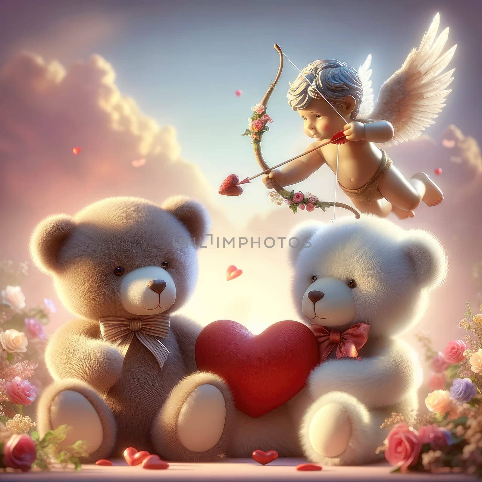 Teddy bear with rose and cupid,Valentine and birthday party Generative AI by itchaznong