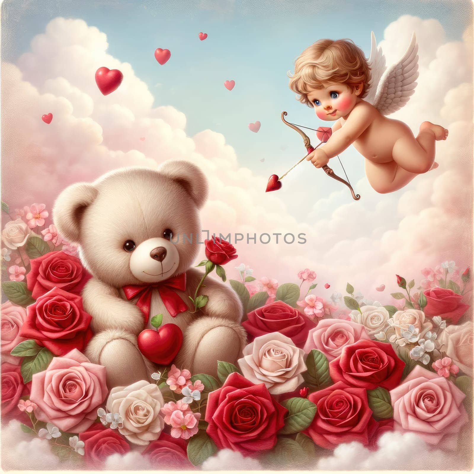 Teddy bear with rose and cupid,Valentine and birthday party Generative AI by itchaznong