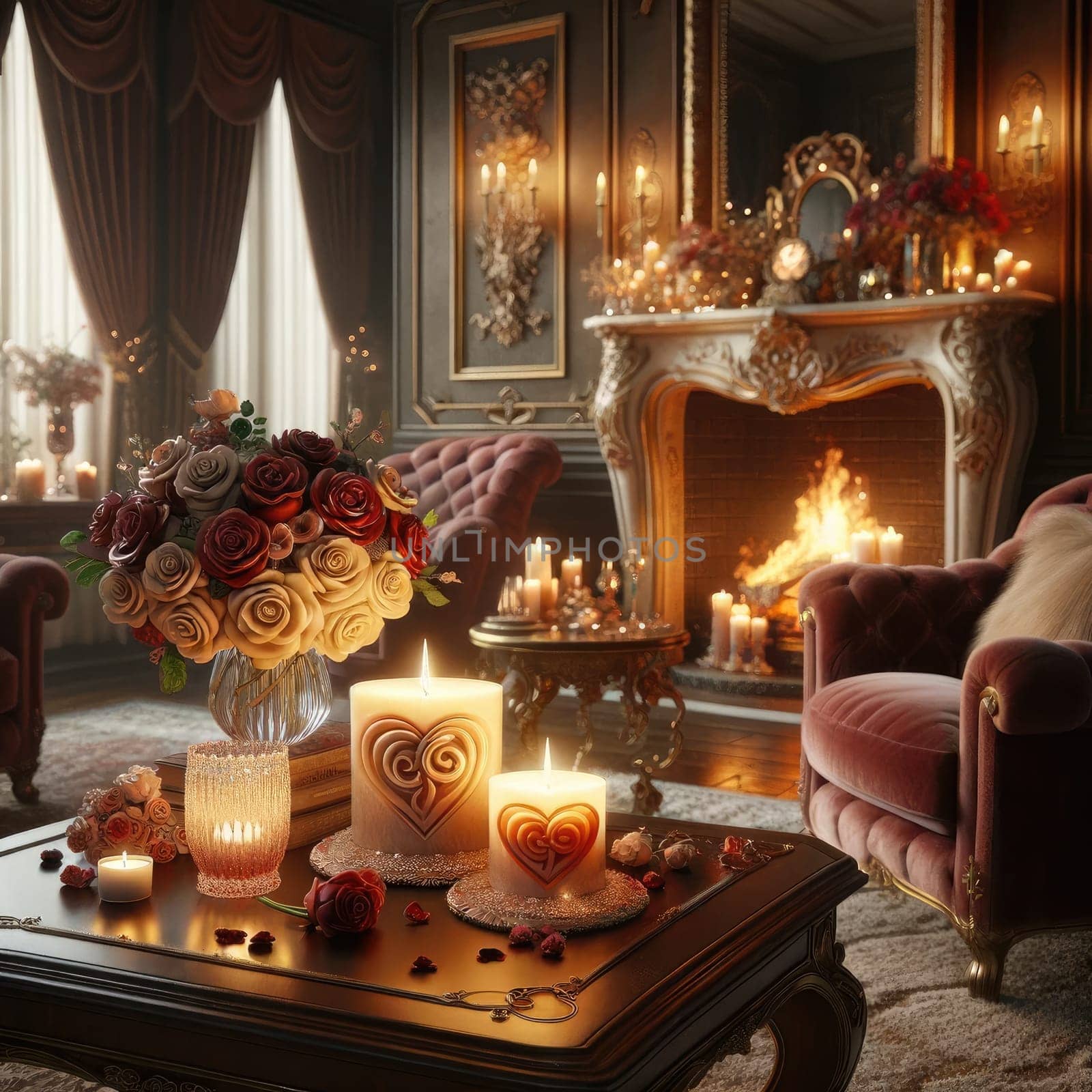 Interior living room decorate with valentine theme. Generative AI.