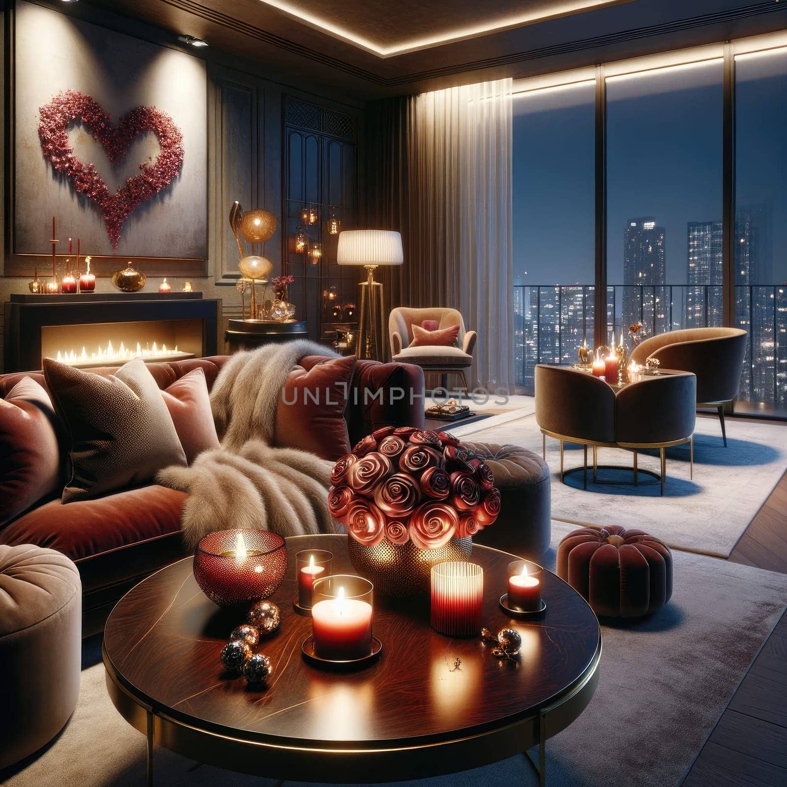 Interior living room decorate with valentine theme. Generative AI by itchaznong