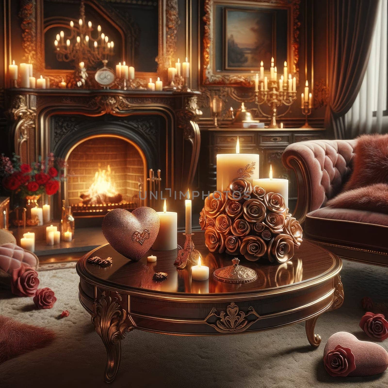 Interior living room decorate with valentine theme. Generative AI by itchaznong