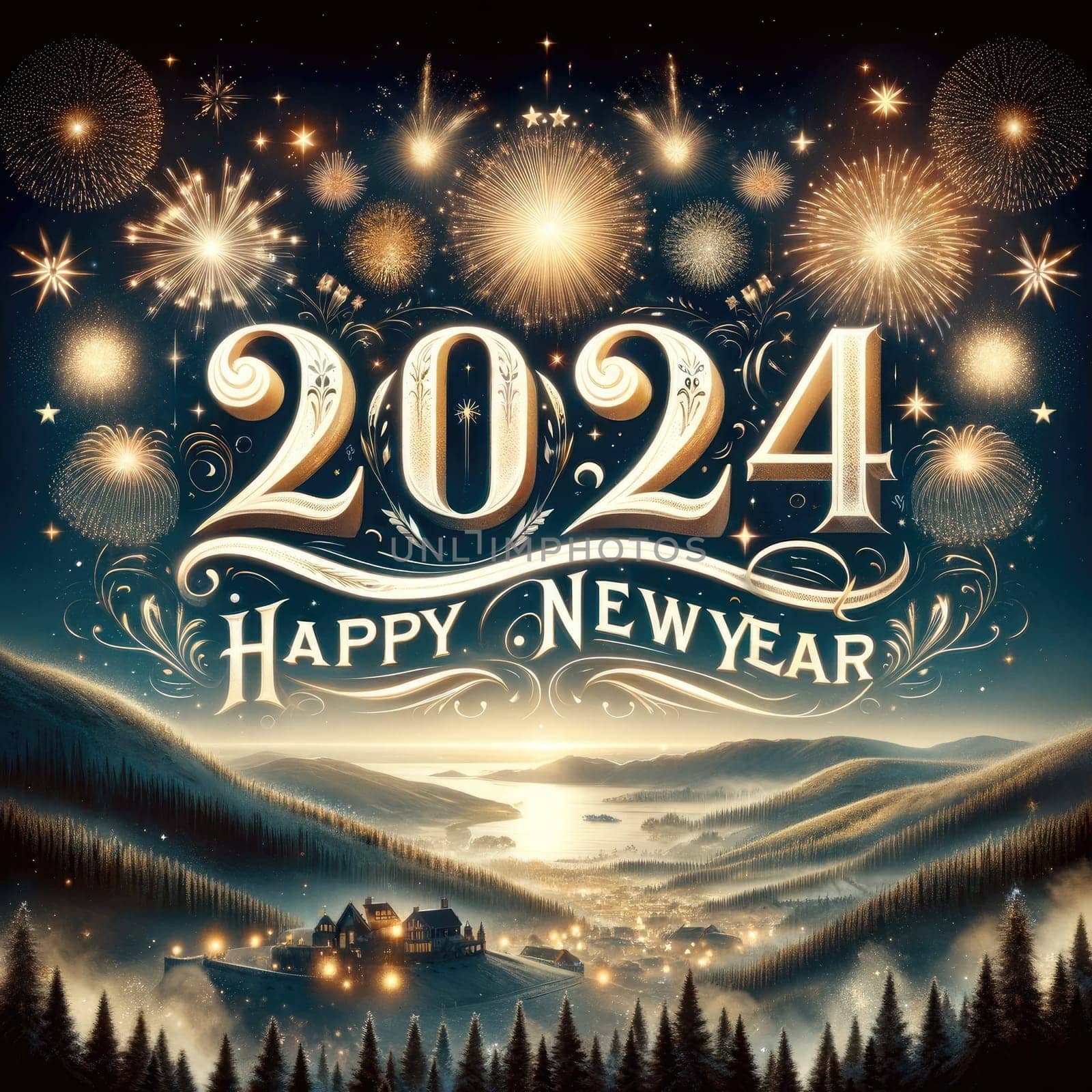2024 Happy New Year, Greeting Card. Generative AI.