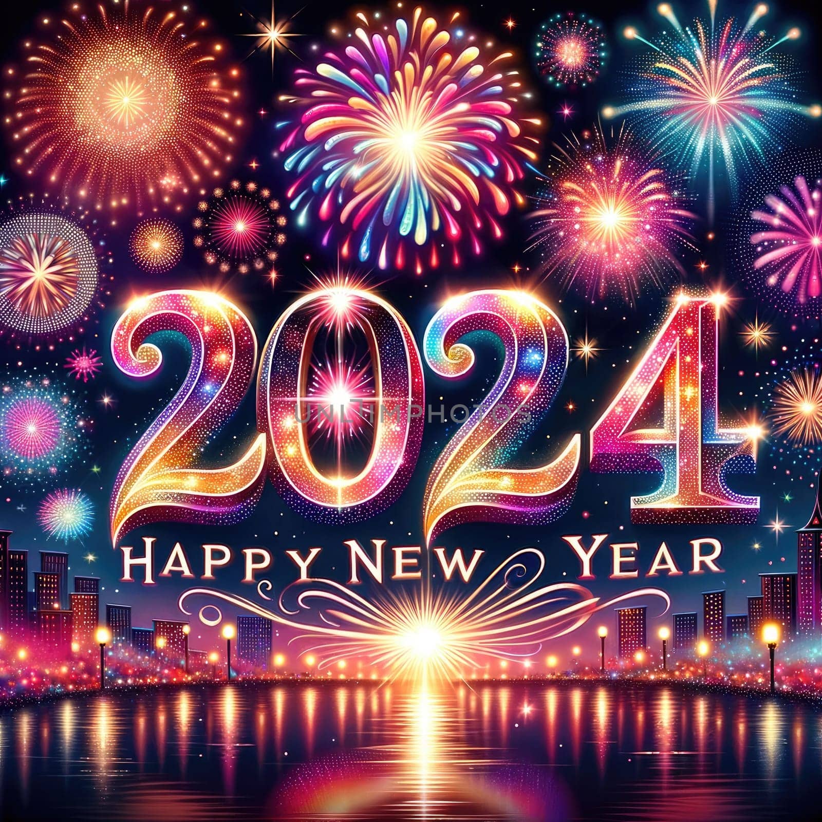 2024 Happy New Year, Greeting Card. Generative AI by itchaznong