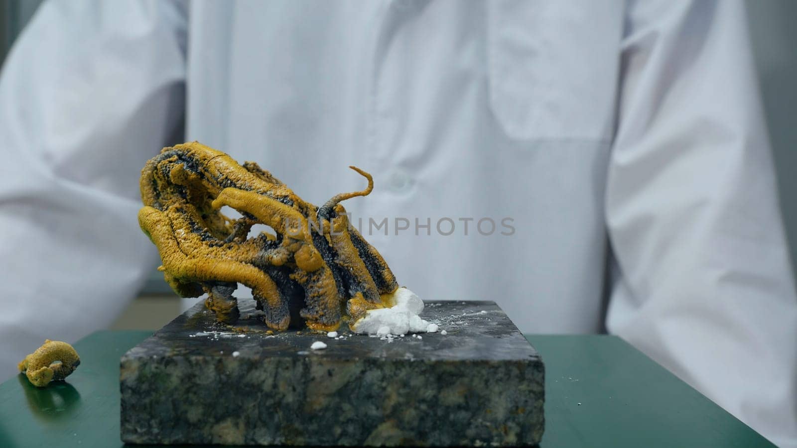 Chemist or medical research scientist adds fire to a violent chemical reaction. Chemical experience.