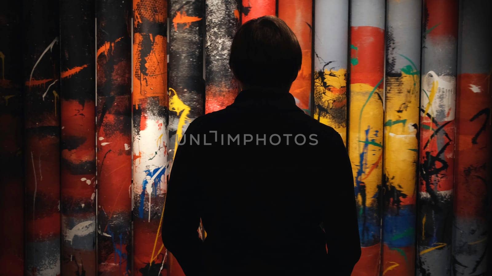 View from the back of man looking at the colorful paintings rotating on the rolls in the museum of Modern Art. Gallery in Saint Petersburg