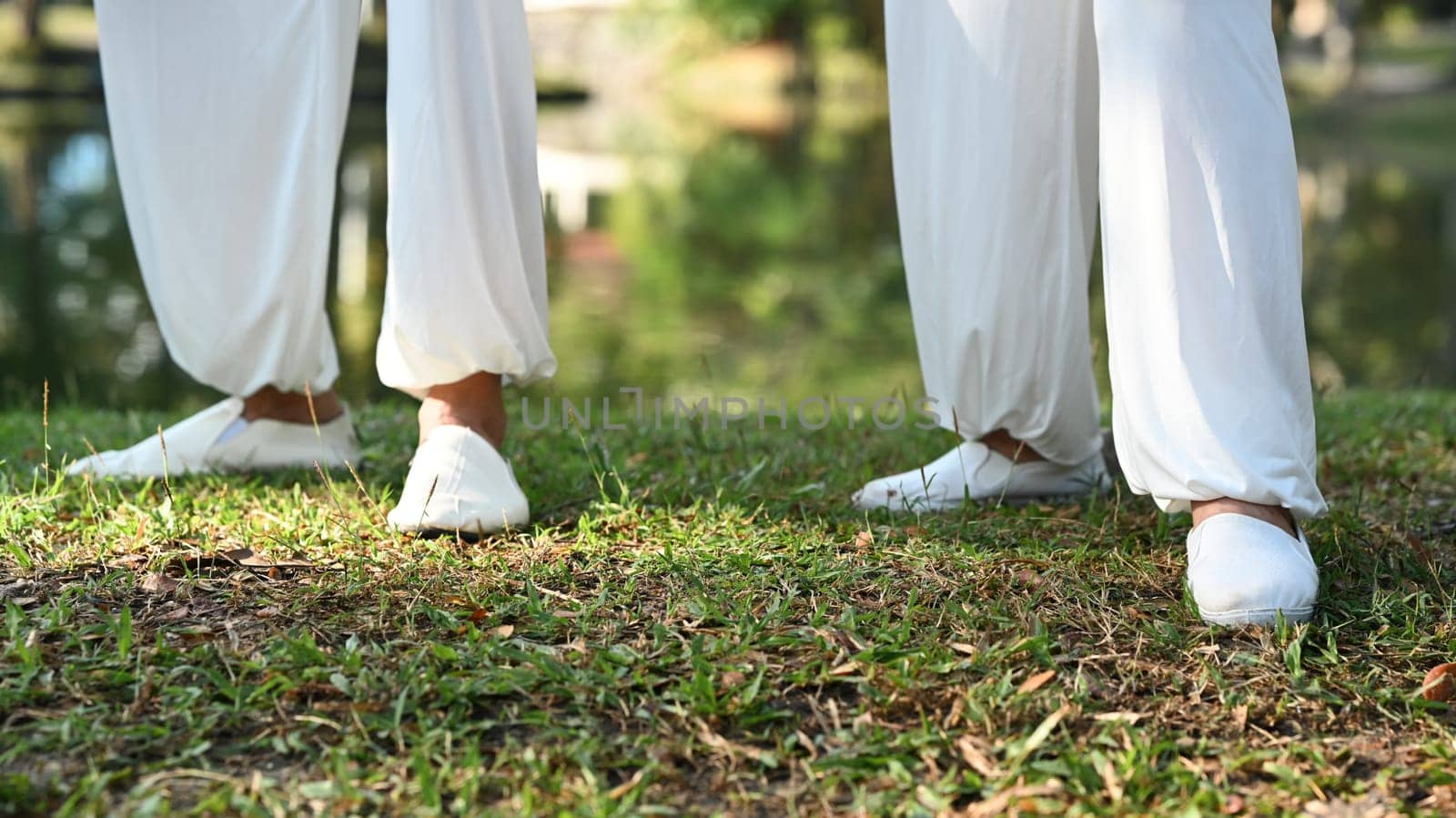 Legs of senior couple practicing traditional Tai Chi on green grass at the park. by prathanchorruangsak