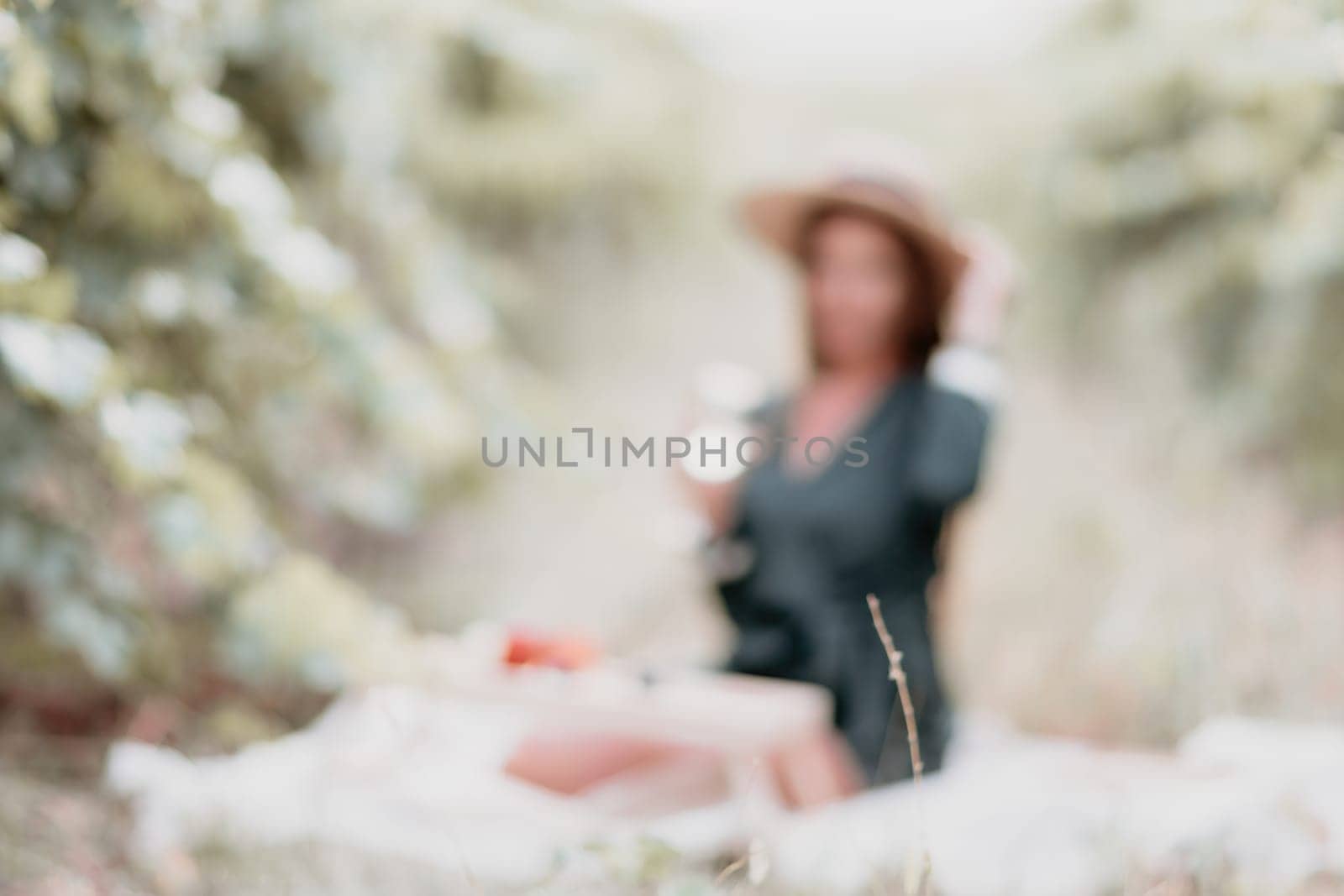 Abstract defocused woman picnic vineyard. Happy woman with a glass of wine at a picnic in the vineyard, wine tasting at sunset and open nature in the summer. Romantic dinner, fruit and wine. by panophotograph