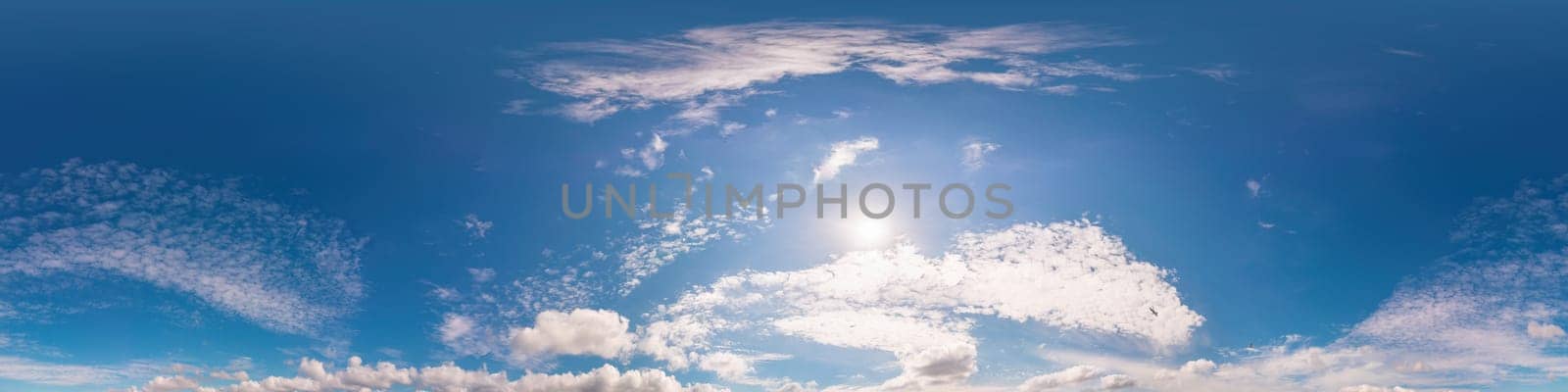 Sky panorama with Cirrus clouds in Seamless spherical equirectangular format. Full zenith for use in 3D graphics, game and editing aerial drone 360 degree panoramas for sky replacement