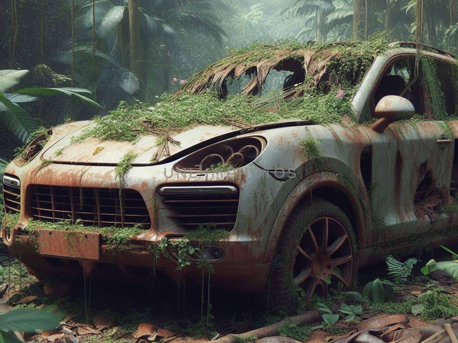 Abandoned rusty petrol luxury suv banned for co2 emission agenda, overgrowth plants bloom flowers by verbano