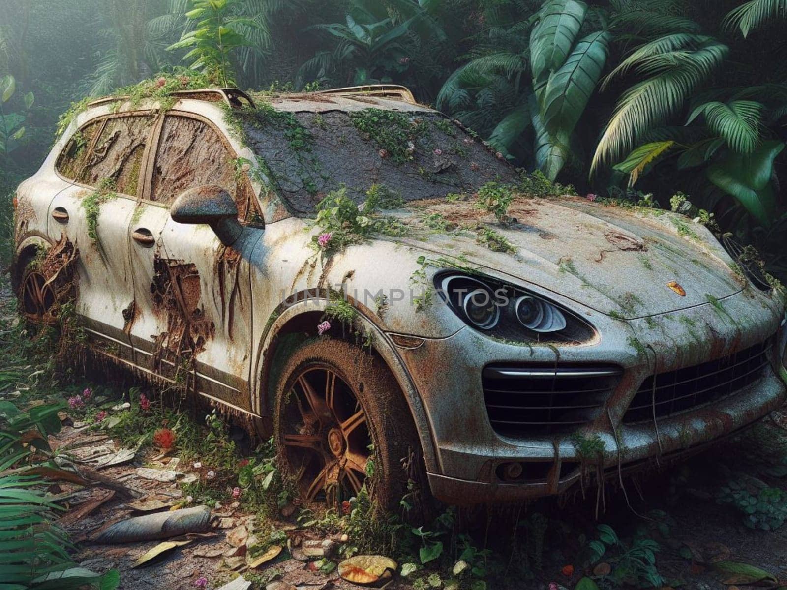 Abandoned rusty expensive atmospheric 4x4 suvas circulation banned for co2 emission 2030 agenda , severe damage, broken parts, plants overgrowth bloom flowers. ai generated