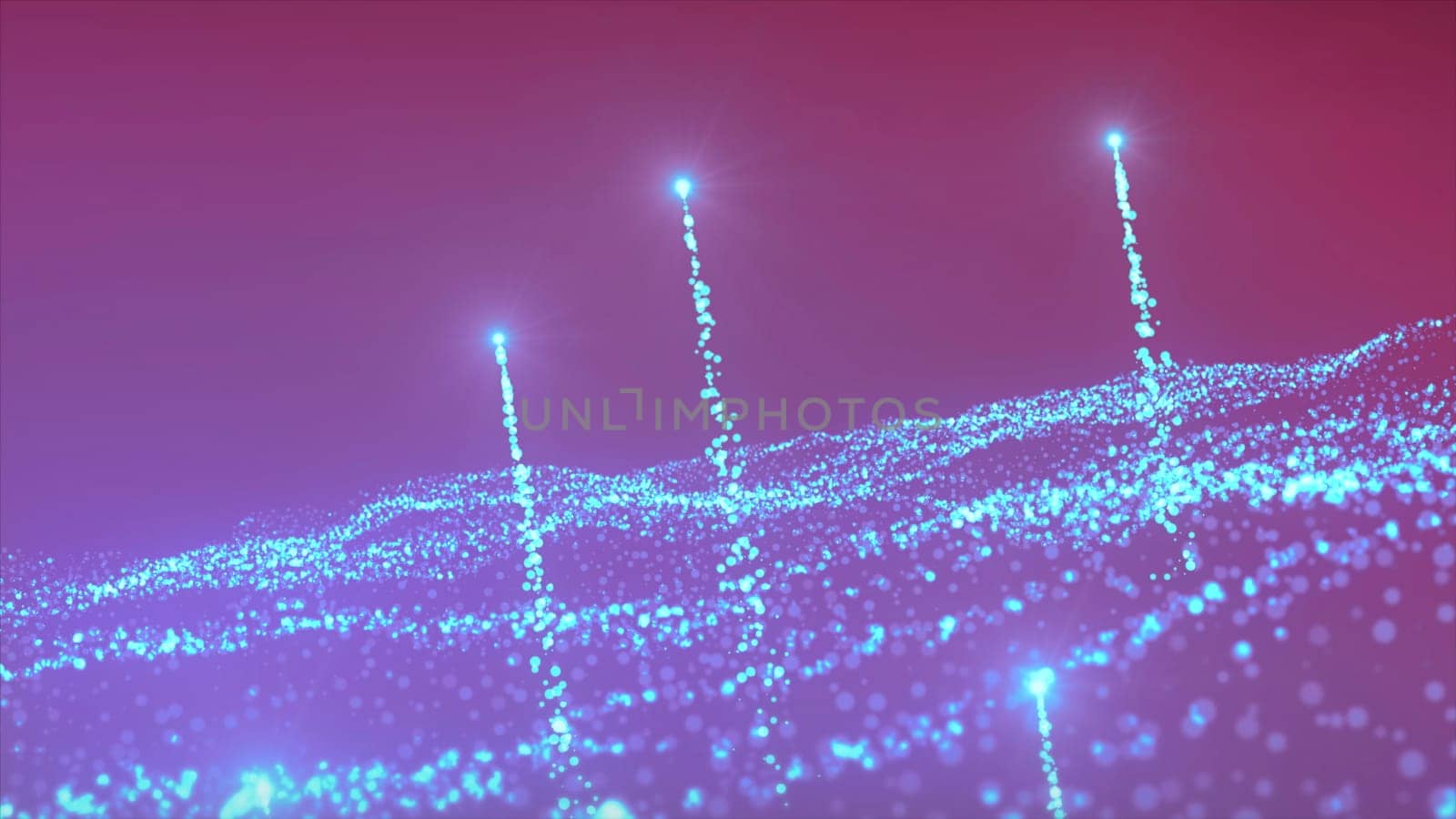 Glowing particles in wavy stream. Motion. Beautiful glowing particles in magical stream. Magical stream of glowing particles and stars.
