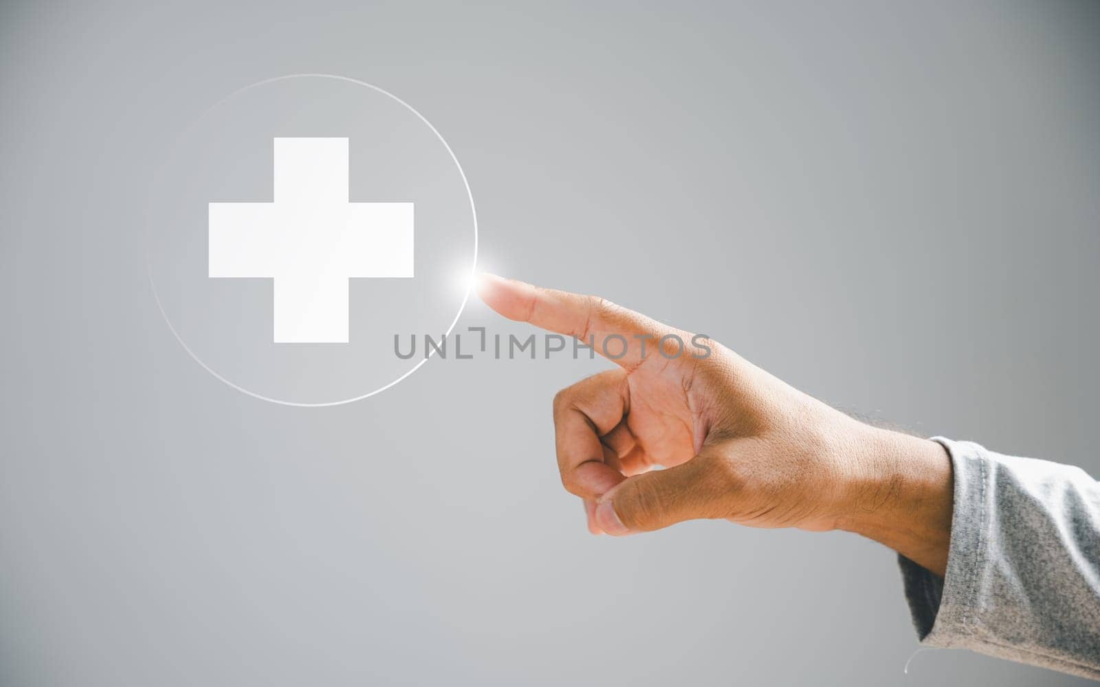Businessman hand reaches a virtual plus sign, portraying positivity. Represents more benefits, strategic thinking, and a positive mindset. Business and success concept. positive thing