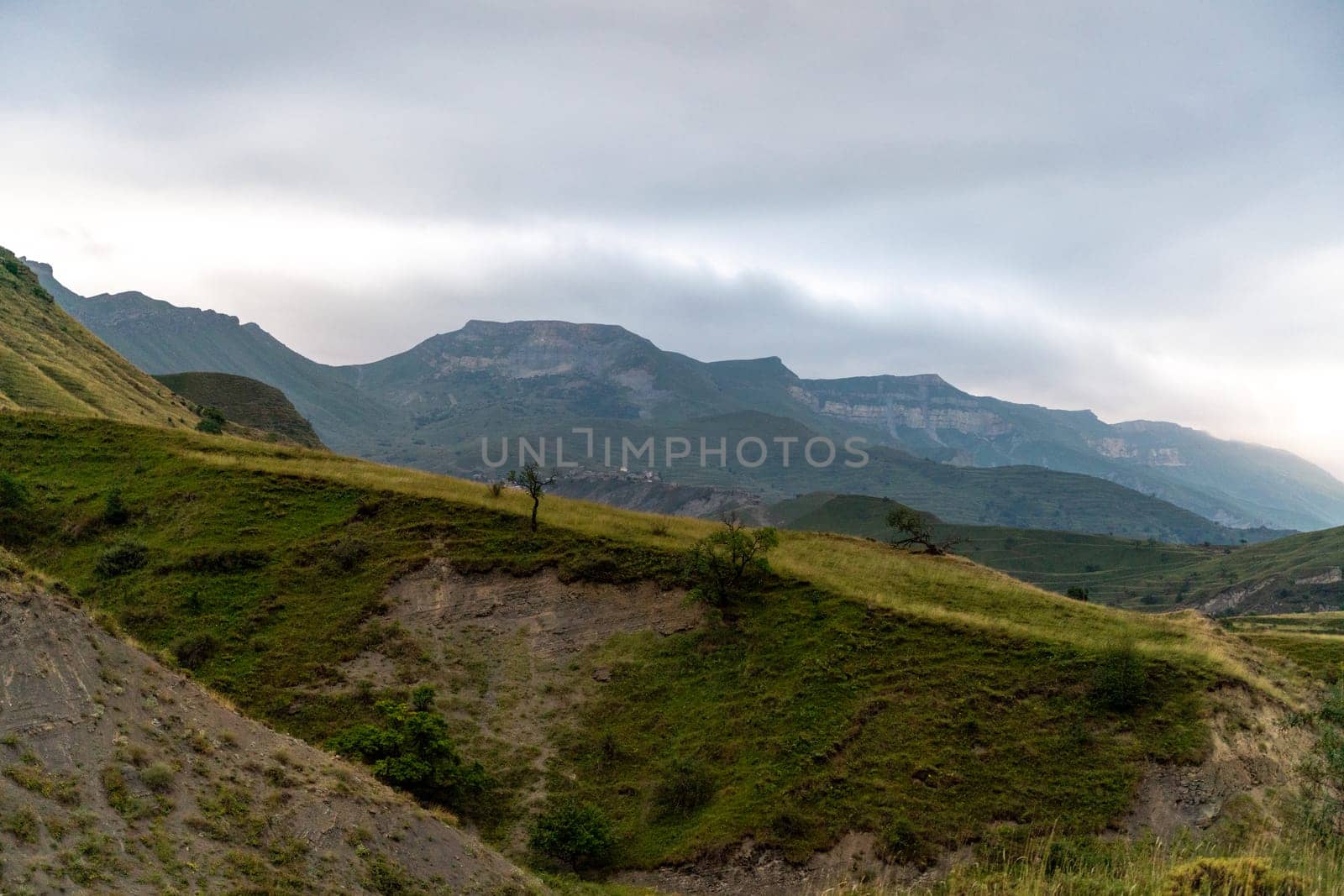 Caucasian mountain. Dagestan. Trees, rocks, mountains, view of the green mountains. Beautiful summer landscape