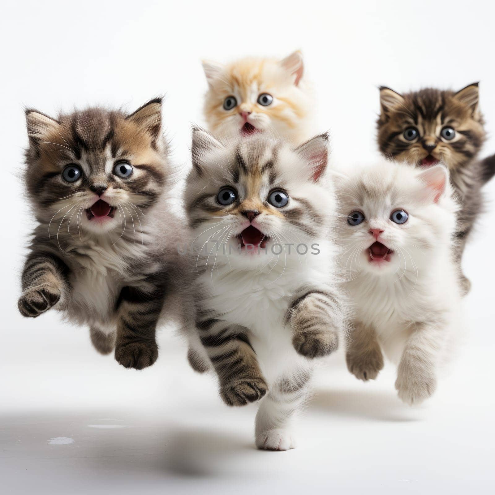 Baby cat running, isolated on white background. Generative AI by itchaznong