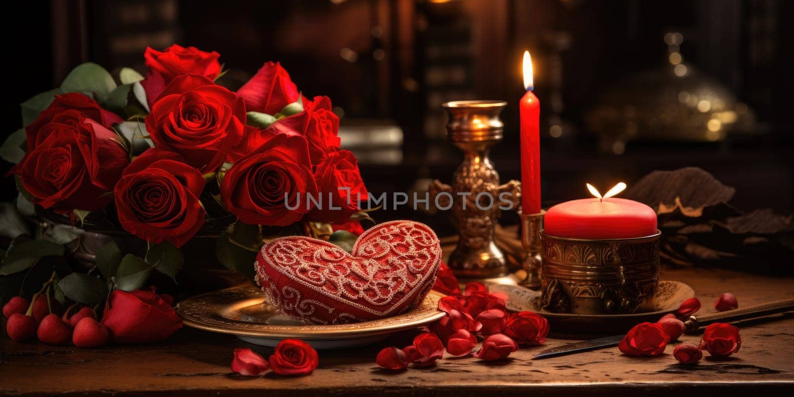 Romantic dinner with a red rose bouquet and candle. Generative AI.