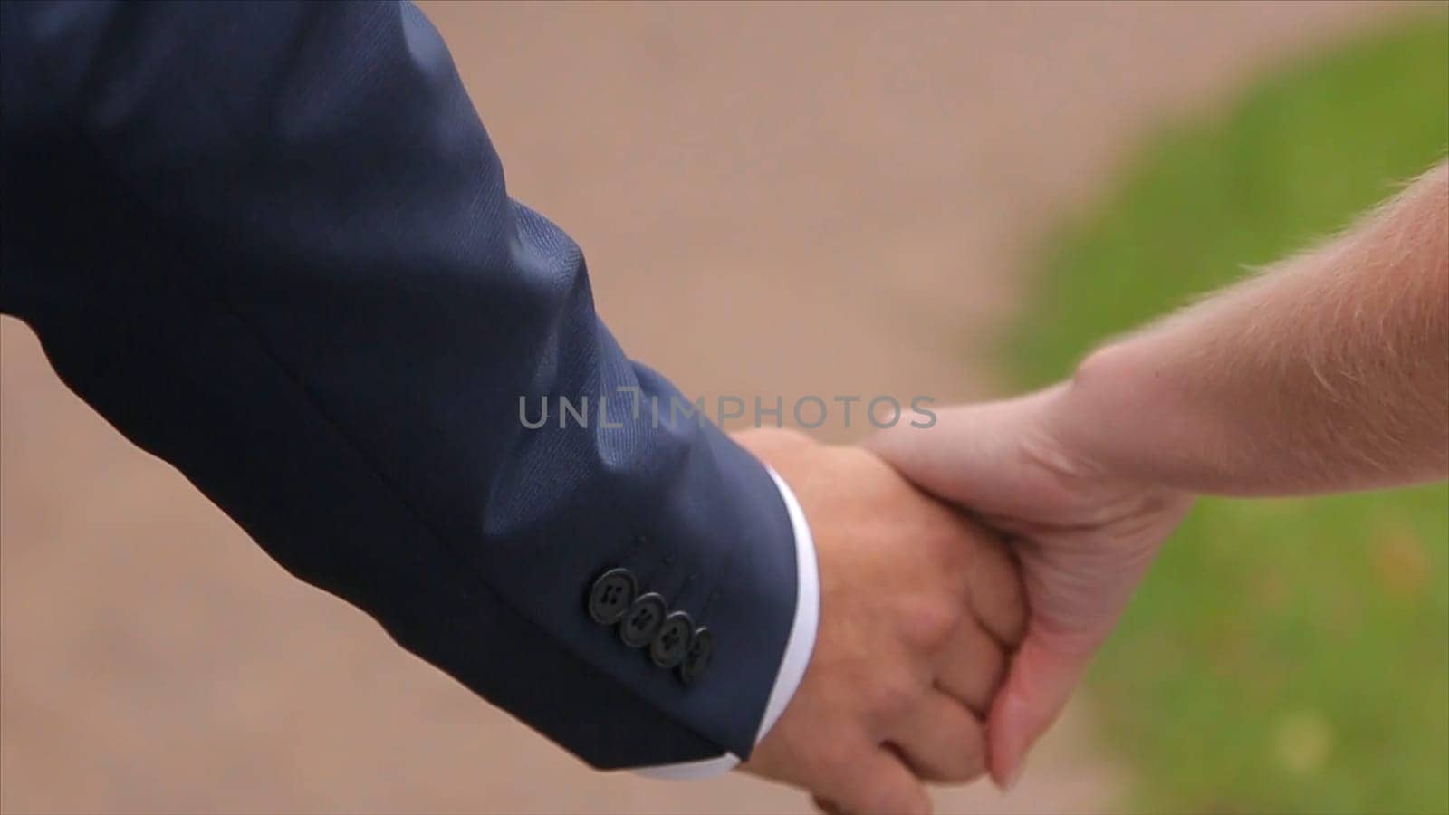 Young newlyweds walking outside. The bride and groom walk together in the Park in winter or summer and holding hands. by Mediawhalestock