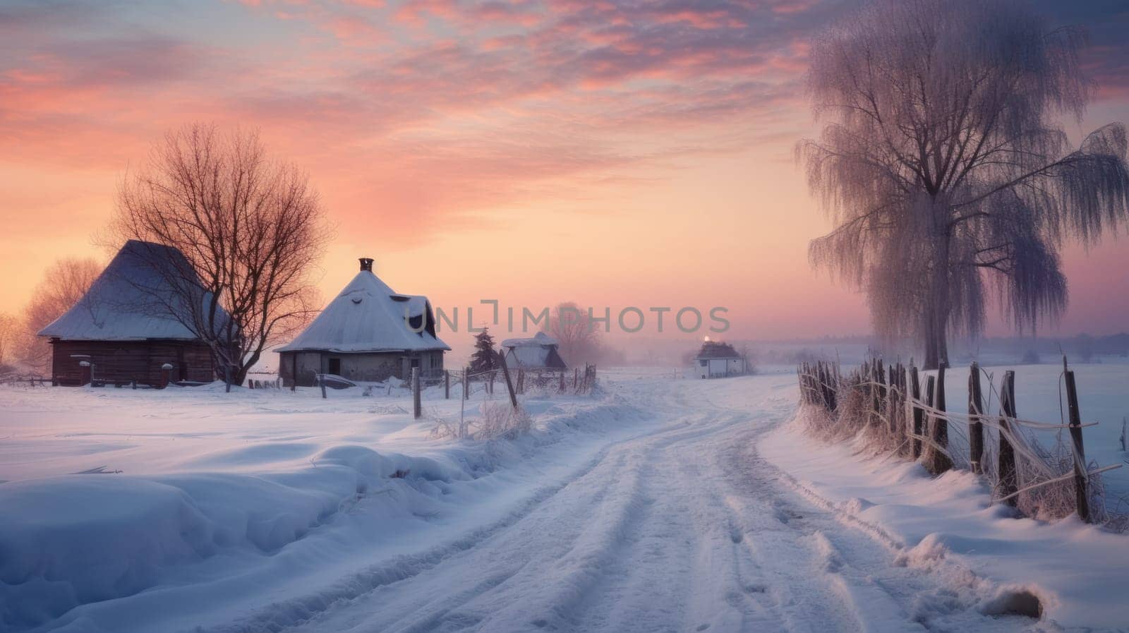 A small, cozy, homely house in a village surrounded by a snow-covered landscape of beautiful nature and winter. by Alla_Yurtayeva