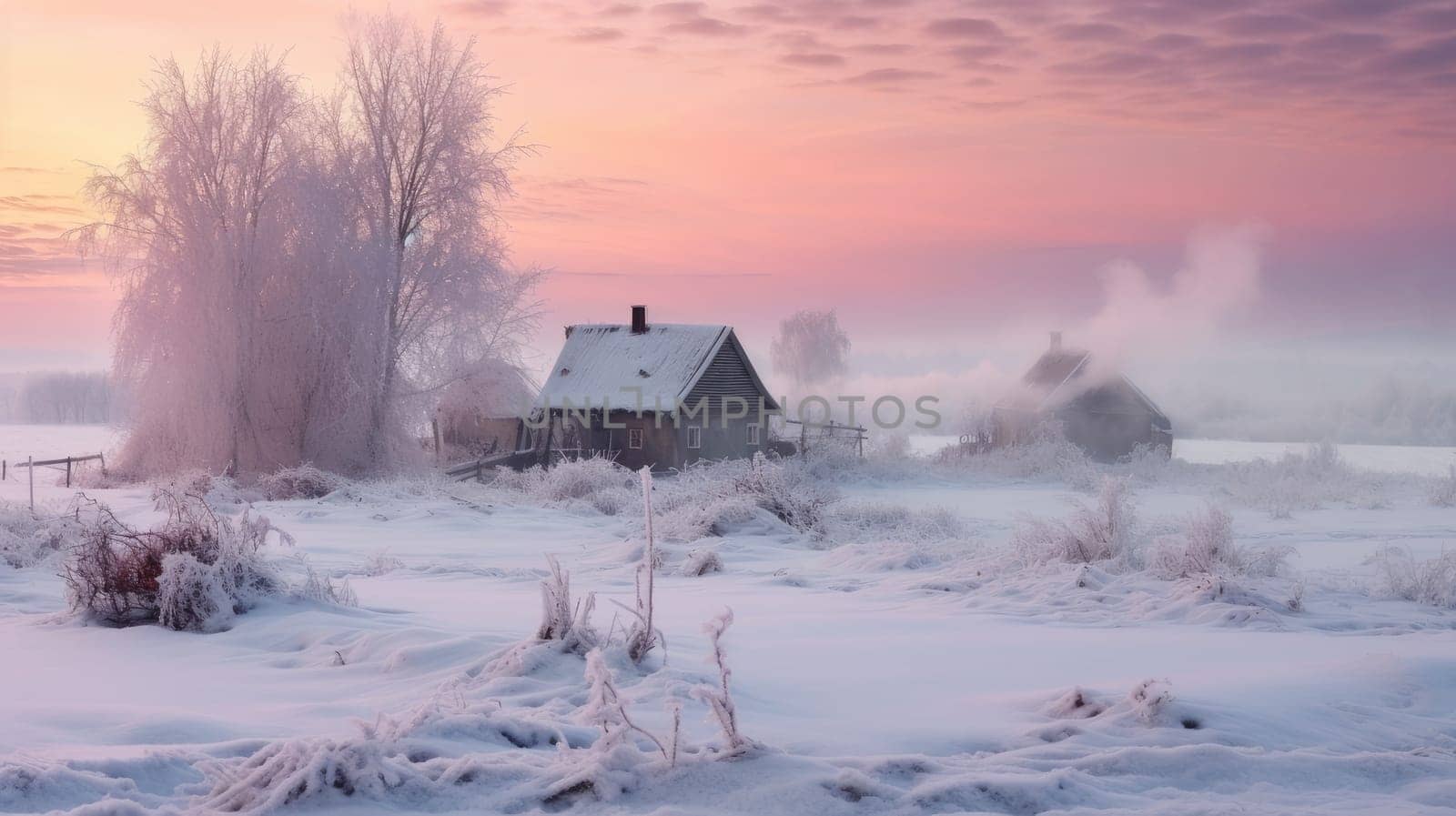 A small cozy, homely house in a village in the distance surrounded by a snow-covered landscape of beautiful nature in the middle of winter in pink sunshine. by Alla_Yurtayeva