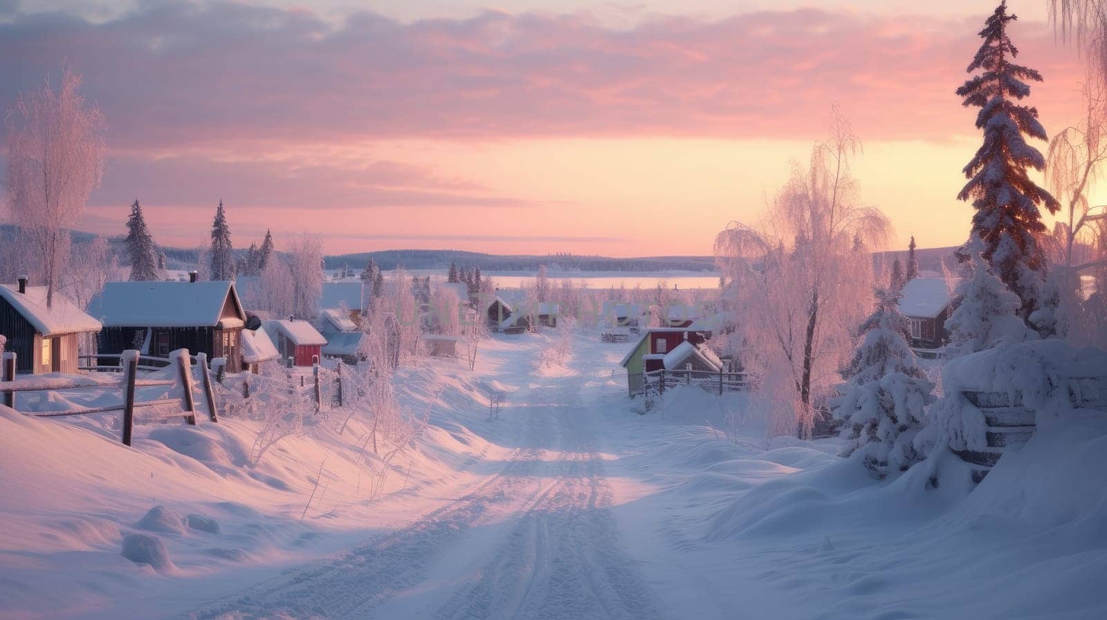 A small cozy, homely house in a village in the distance surrounded by a snow-covered landscape of beautiful nature in the middle of winter in pink sunshine. Concept of traveling around the world, recreation, vacations, tourism in the unusual places.