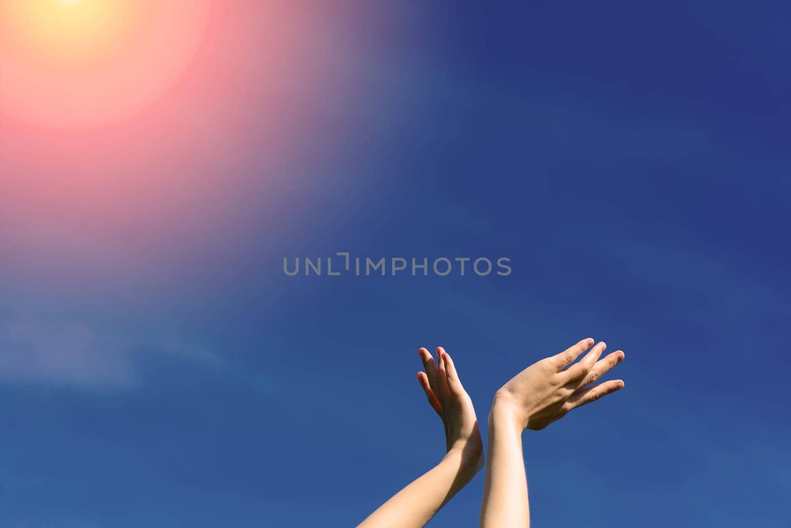 I wish we could touch the sky, female stretching hands to blue sky by Zelenin
