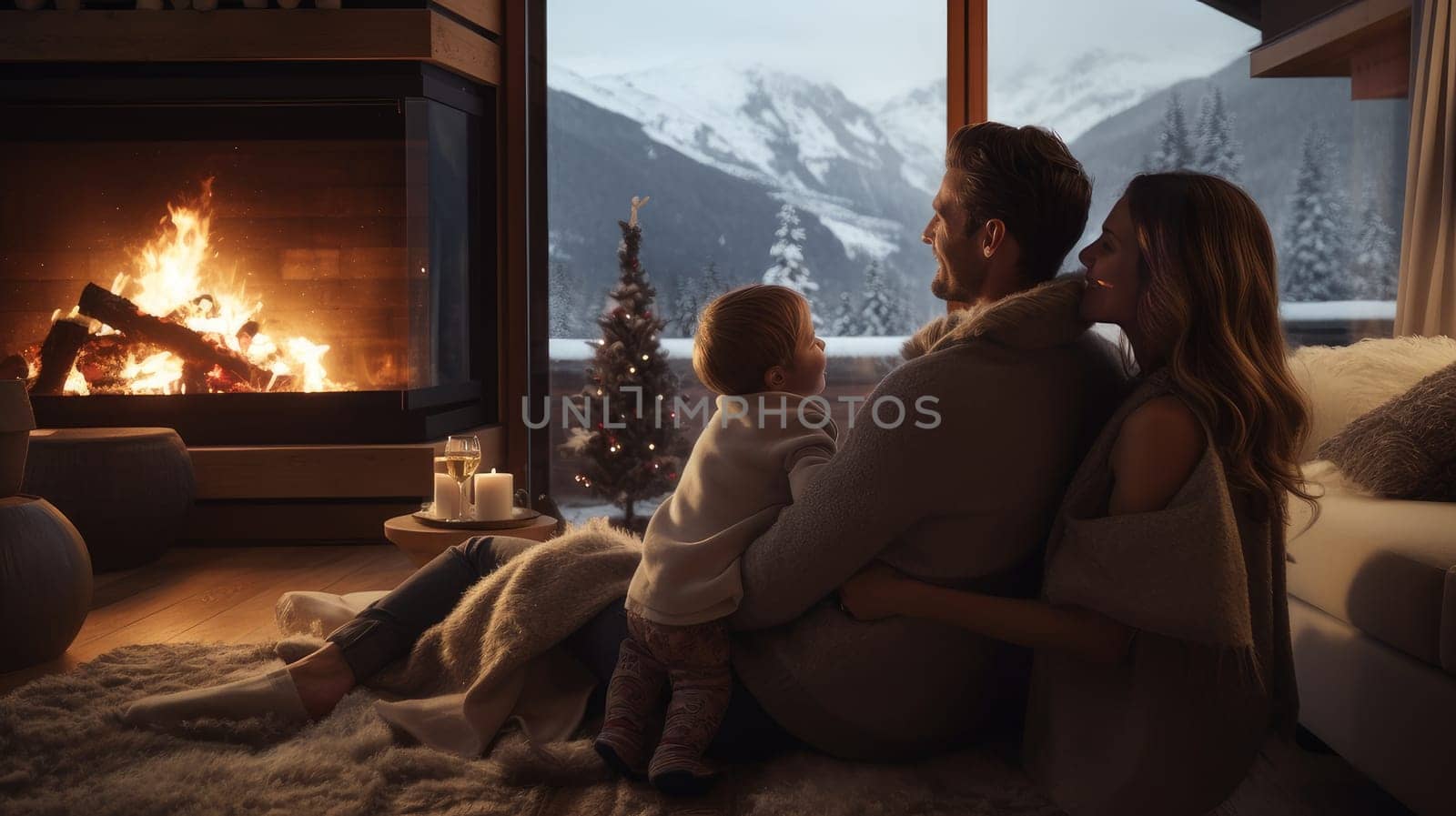 Family in a luxurious room with panoramic windows in an ecological chalet hotel at an Alpine ski resort overlooking the snowy landscape and mountains. Concept of traveling around the world, recreation, winter sports, vacations, tourism