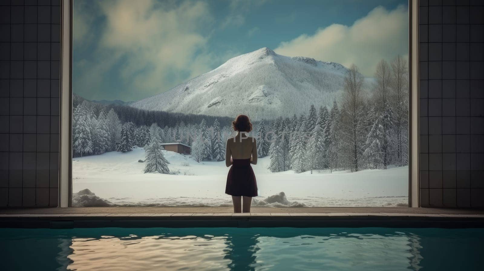 A girl and a pool among the snow in an ecological chalet hotel at an alpine ski resort overlooking a snowy landscape and mountains. Concept of traveling around the world, recreation, winter sports, vacations, tourism in the unusual places.