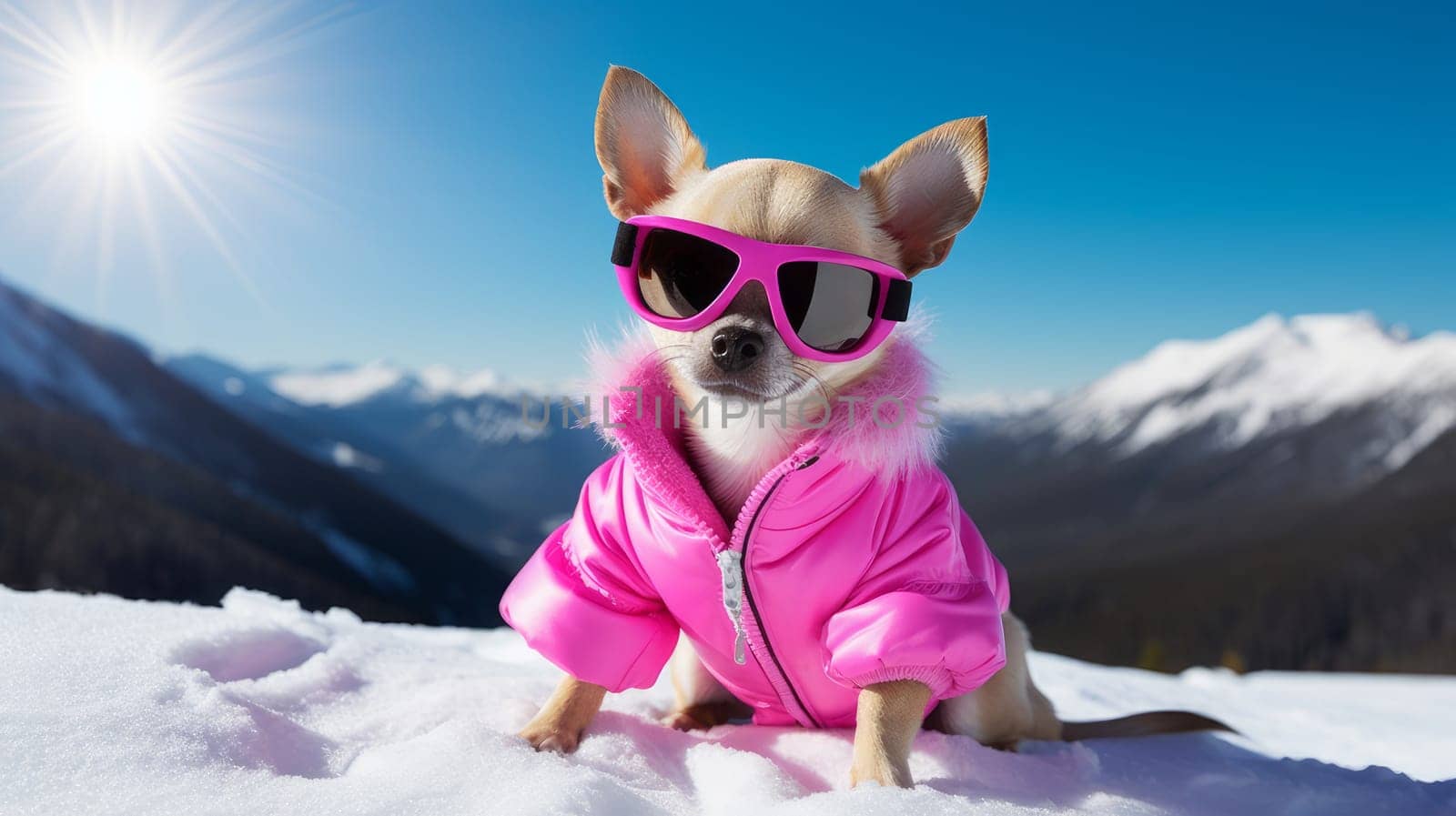 A happy active small, cheerful dog in a pink jacket and glasses runs through the snow overlooking a snowy landscape of a forest and mountains, at a ski resort. traveling around the world recreation, winter sports, vacations, tourism in unusual places