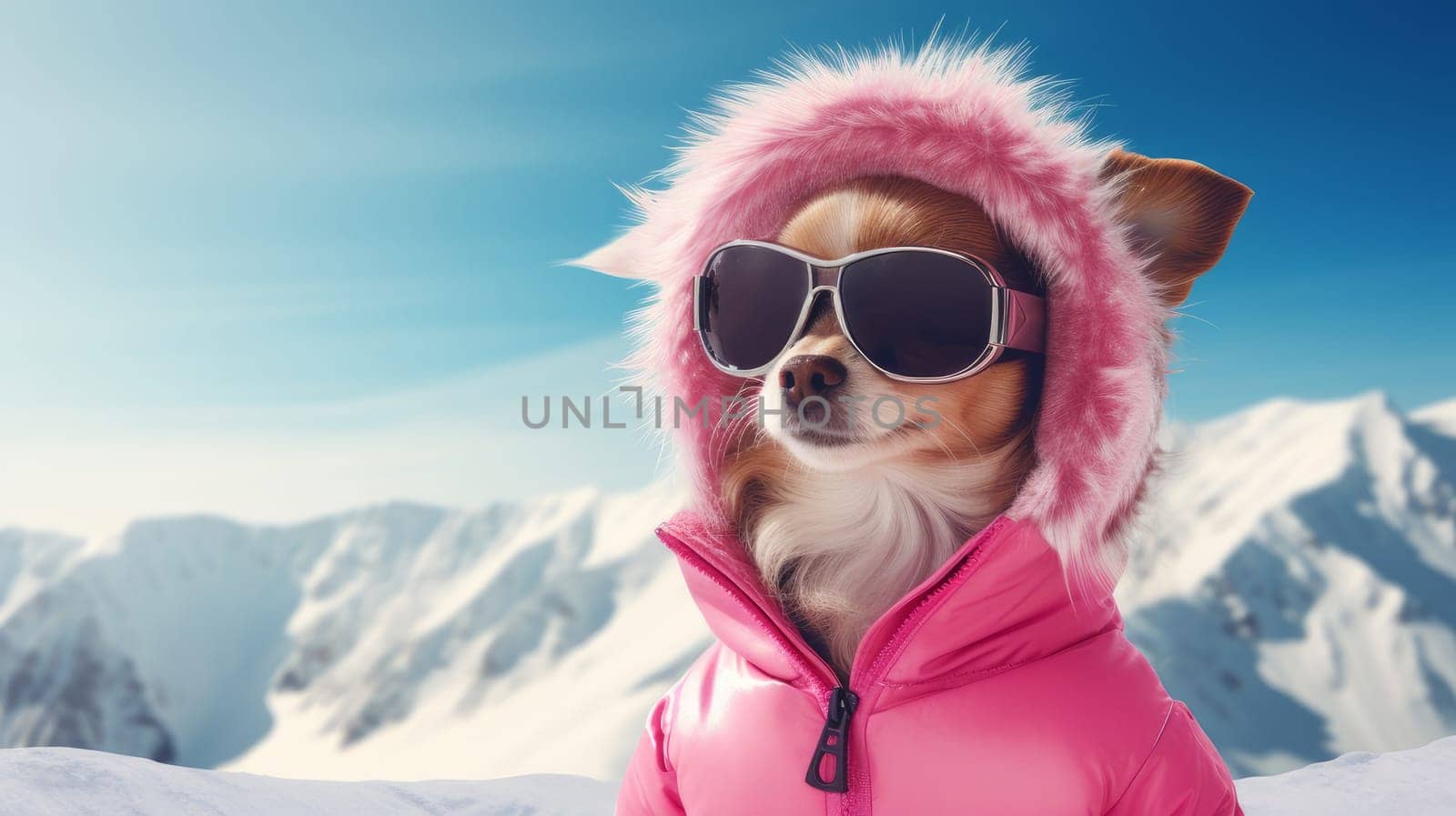 A happy active small, cheerful dog in a pink jacket and glasses runs through the snow overlooking a snowy landscape of a forest and mountains, at a ski resort. traveling around the world recreation, winter sports, vacations, tourism in unusual places