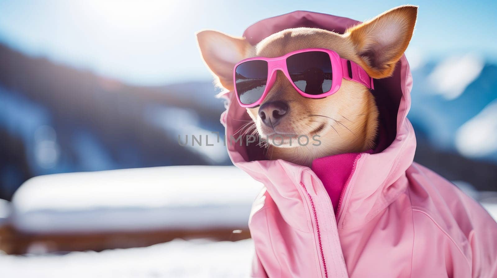 A happy, active, small, cheerful dog in a pink jacket and glasses runs through the snow overlooking a snowy landscape of a forest and mountains, at a ski resort. by Alla_Yurtayeva