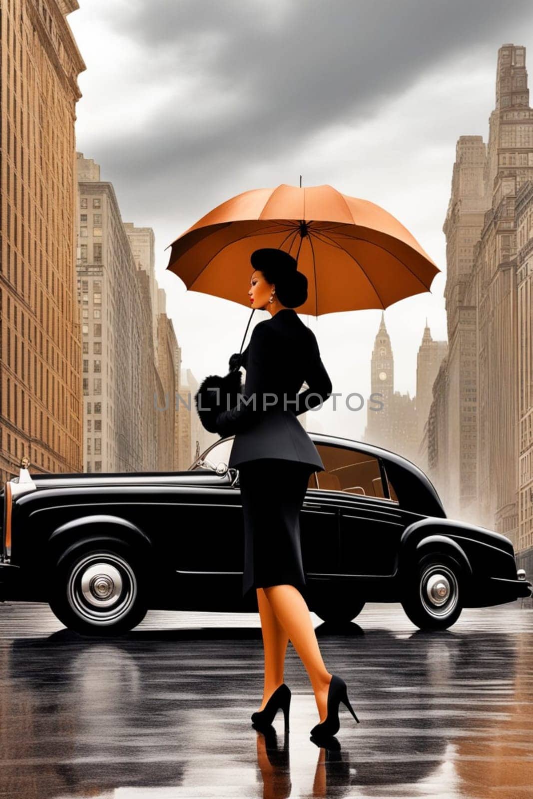 Vibrant curvy classy lady, wear black winter coat high heels,rain, walk New york city taxis, big cat by verbano