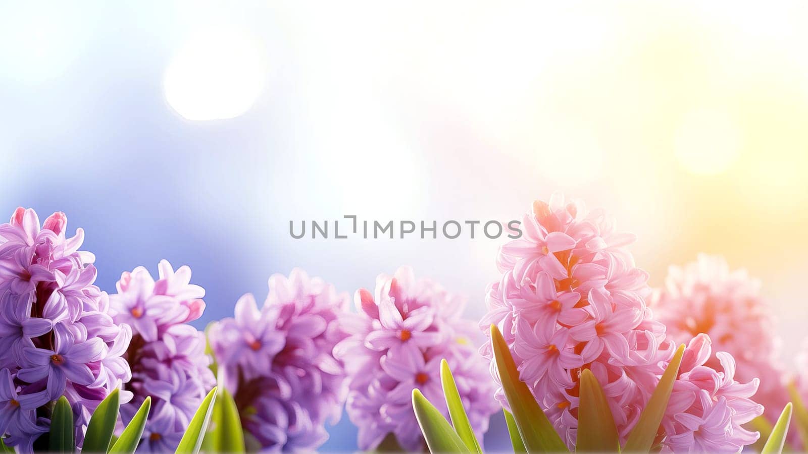Blooming tender hyacinths in early spring in afternoon sunlight, AI generated.