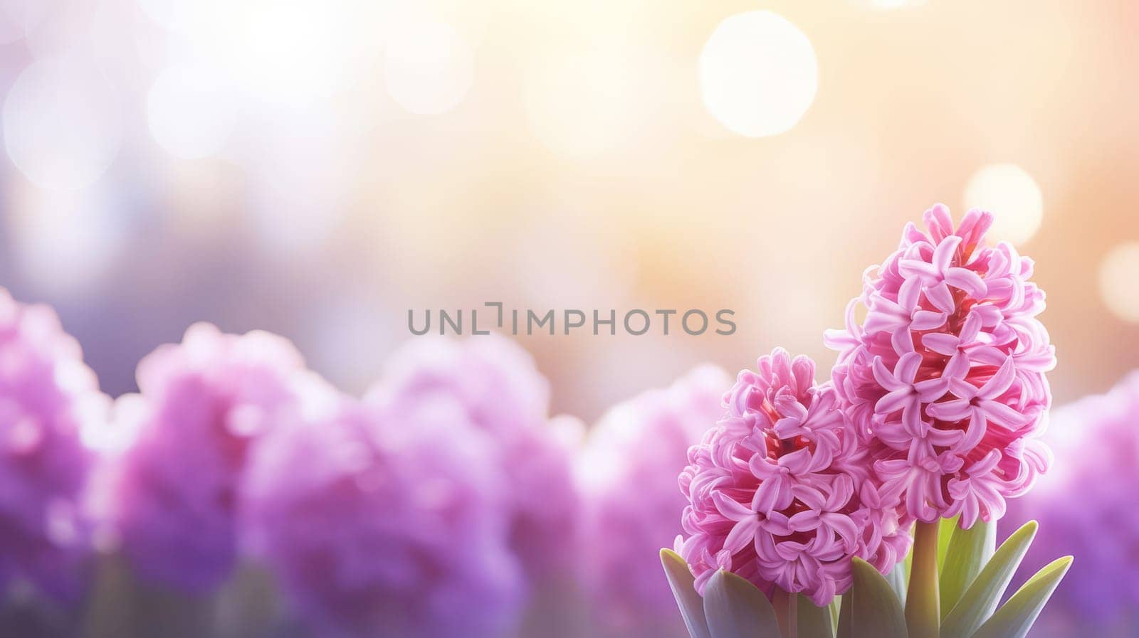 Blooming tender hyacinths in early spring in afternoon sunlight, AI generated.