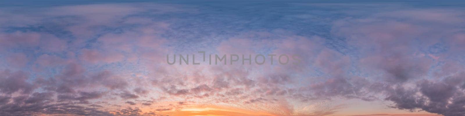 Bright sunset sky panorama with Cirrus clouds. Seamless hdr spherical equirectangular 360 panorama. Sky dome or zenith for 3D visualization, game and sky replacement for aerial drone 360 panoramas.